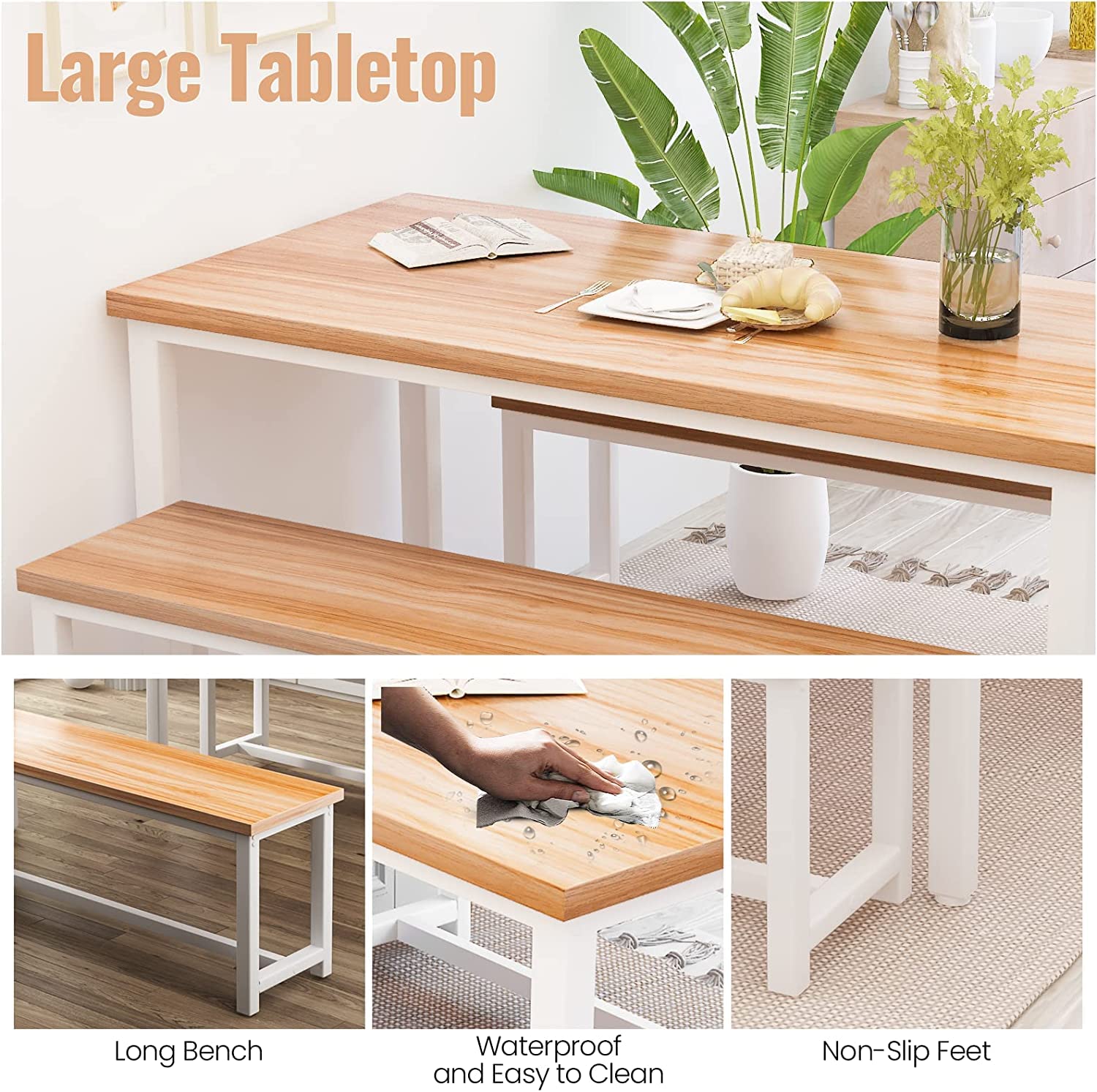 Farmhouse Dining Table Set with 2 Benches - Solid Wood Kitchen Table and Chairs for 4-6 People, Beige Breakfast Nook Set for Small Spaces | Perfect for Family Meals, Entertaining Guests & Cozy Kitchen Dining