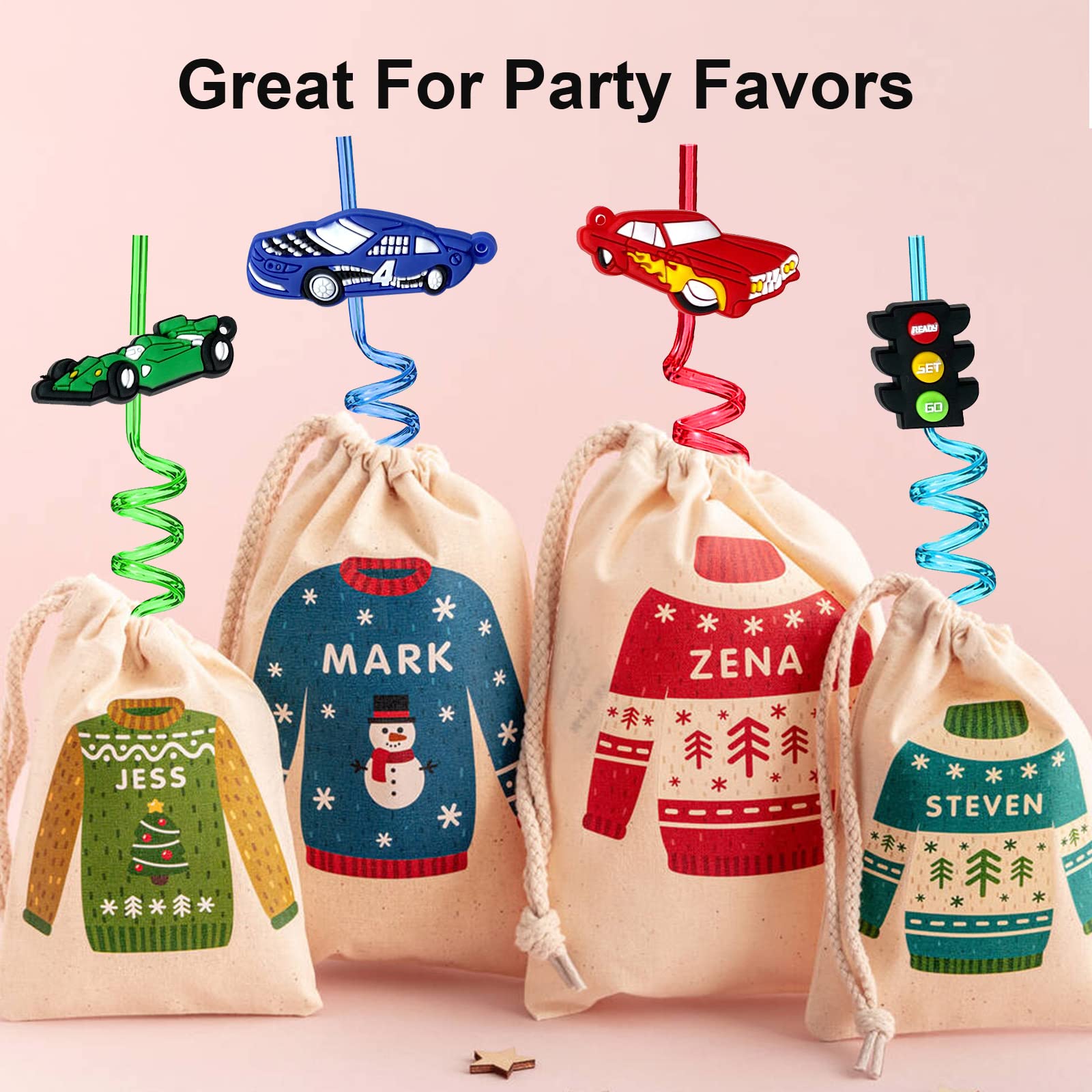 24 Pack Race Car Themed Reusable Straws - BPA Free Plastic Drinking Straws for Kids Birthday Parties, Sports Events & Decorations - Includes 2 Cleaning Brushes for Easy Maintenance - Perfect for Juice, Smoothies & Cocktails