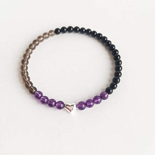 Amethyst Black Onyx Smoky Quartz Beaded Bracelet - Heart Charm Stacking Bracelet for Women, Positive Energy Healing Crystal Jewelry by LadoNarayani - Perfect for Meditation, Yoga & Everyday Wear