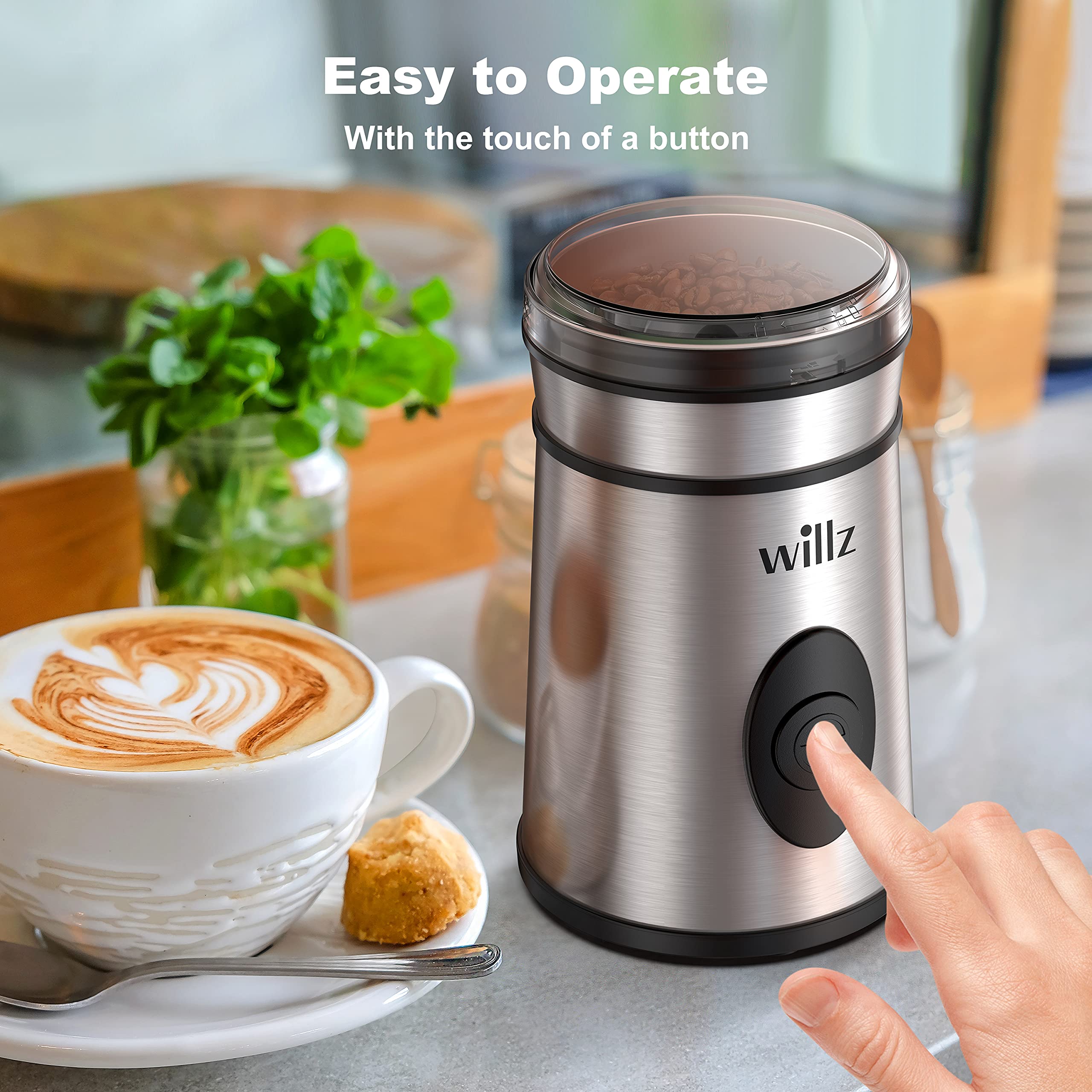 Premium Willz Electric Coffee Grinder - 200W Stainless Steel Blade for Beans, Spices & Herbs | 50g Capacity (6 Cups) | One-Touch Operation | Perfect for Home Kitchens, Camping & Gifts