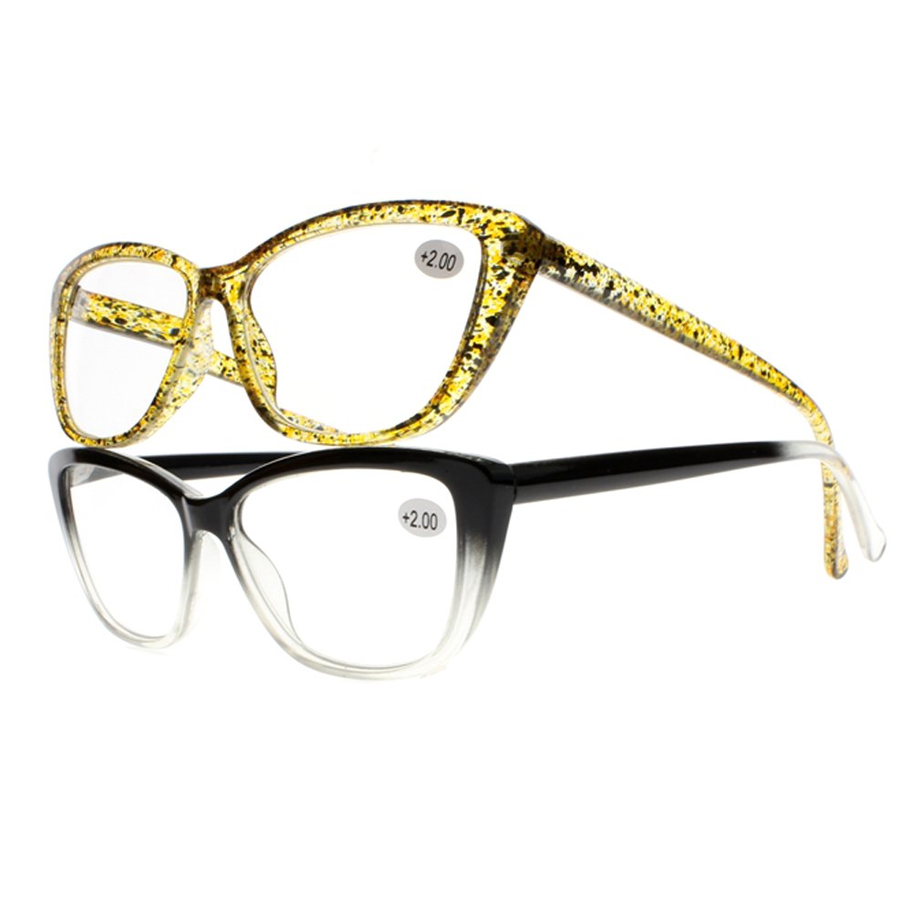 Retro Cat Eye Reading Glasses for Women - 2 Pack Yellow Spot Black Gradient Vintage Style Eyewear - Perfect for Reading, Fashion Accessories & Costume Parties