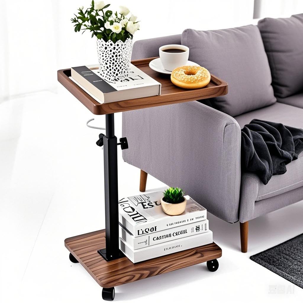 Adjustable Height C-Shaped End Table with 360° Swivel - Walnut Color Side Table for Couch, Bed, Chair & Bathtub - Perfect for Snacks, TV Trays & Sliding Under Furniture