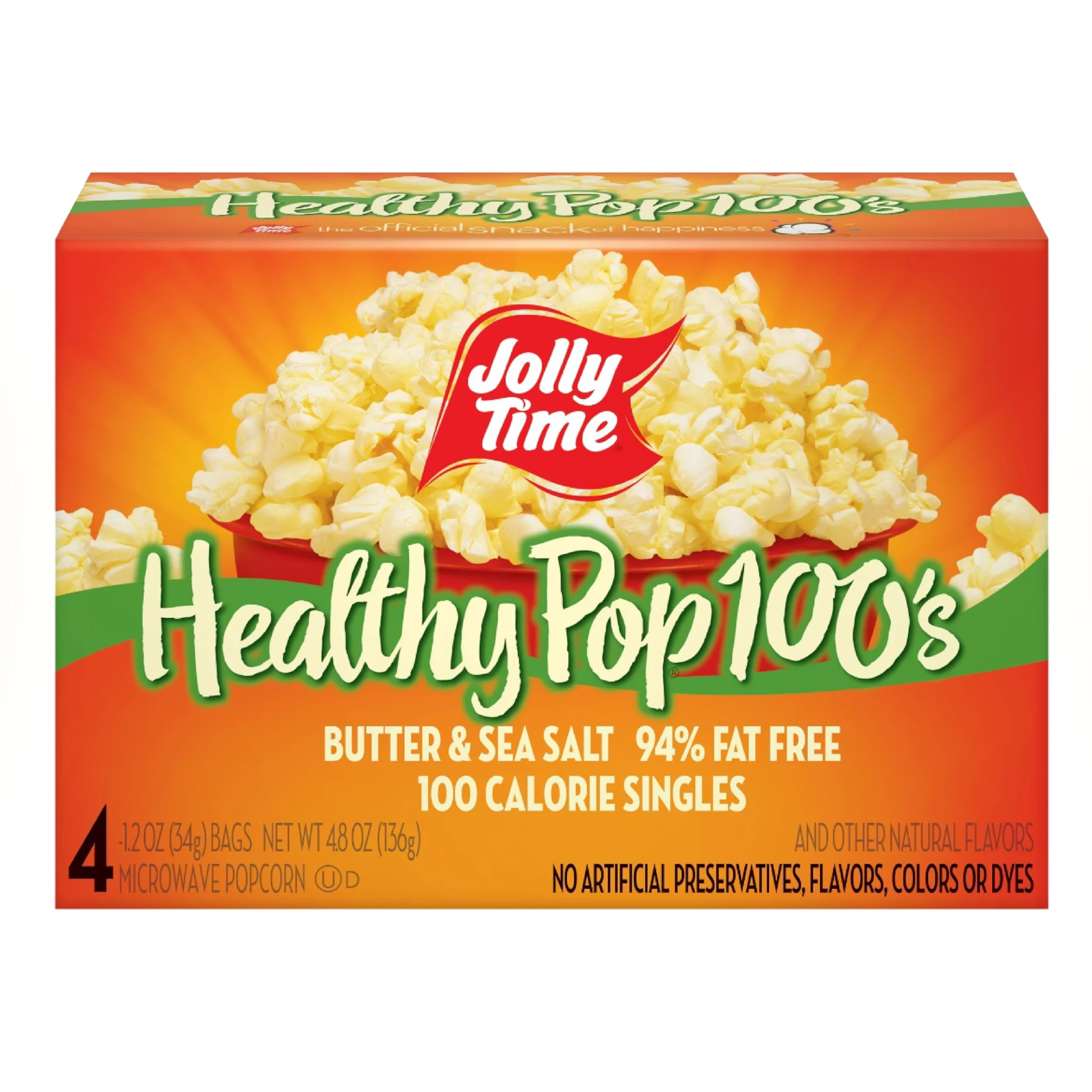 Jolly Time Healthy Pop Microwave Popcorn - Low Fat, Gluten Free, Non-GMO, Butter & Sea Salt Flavor (1.2oz Bags, Pack of 4) | Perfect for Movie Nights, Healthy Snacking & Office Breaks