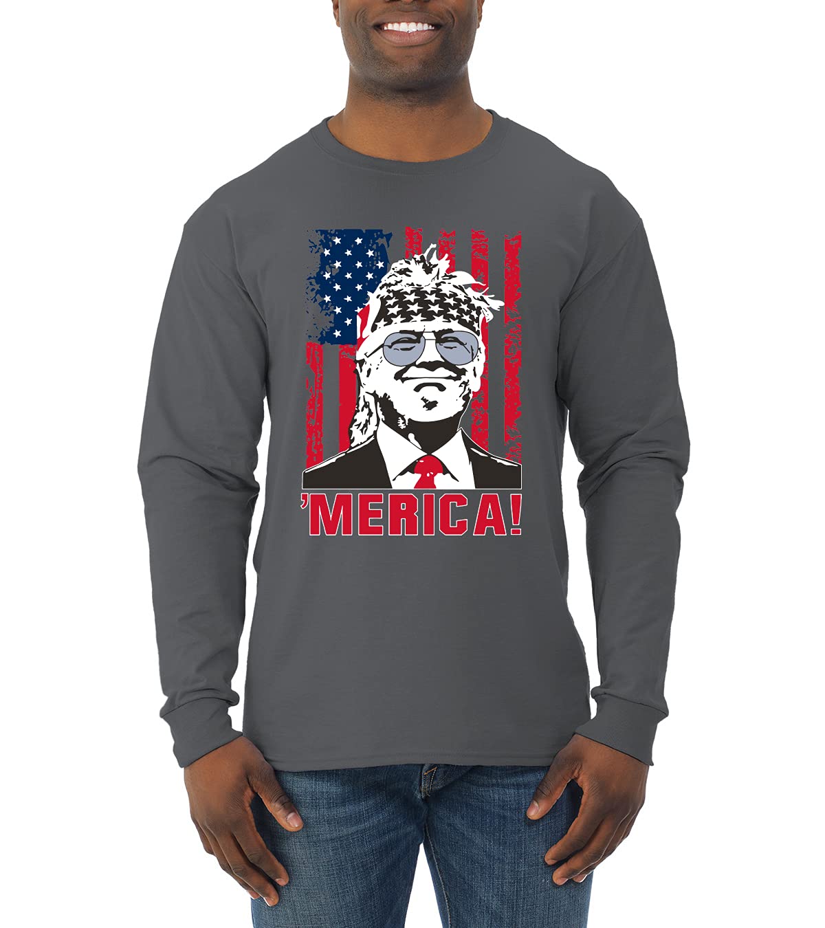 Funny Vintage Trump USA Flag Sleeve Print Political Men's Long Sleeve T-Shirt - Ultra MAGA Patriotic Gift for Conservatives, Rally Wear & American Pride Apparel