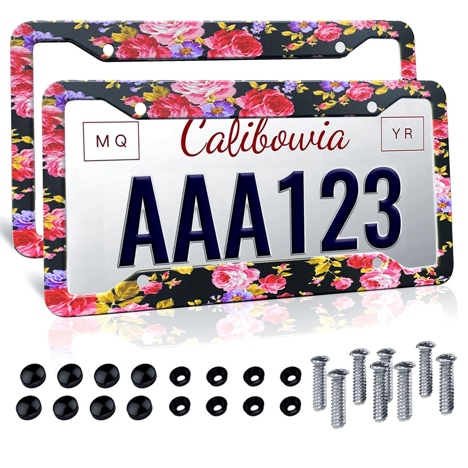 Vintage Pink Floral Rose License Plate Frames - 2 Pack Set, Aluminum Metal Car Tag Holder with 4 Holes & Screws, Standard Size 6.4