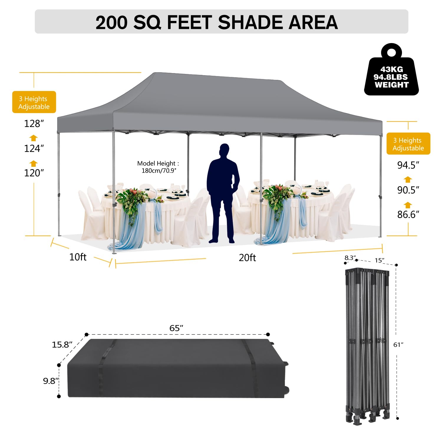 10x20 Heavy Duty Commercial Pop Up Canopy Tent - Waterproof Outdoor Canopy with 6 Sidewalls, 3 Adjustable Heights, Roller Bag & Accessories (6 Sand Bags, 4 Ropes, 12 Stakes) - Thickened Frame for Outdoor Events, Farmers Markets, Camping & Beach Parties