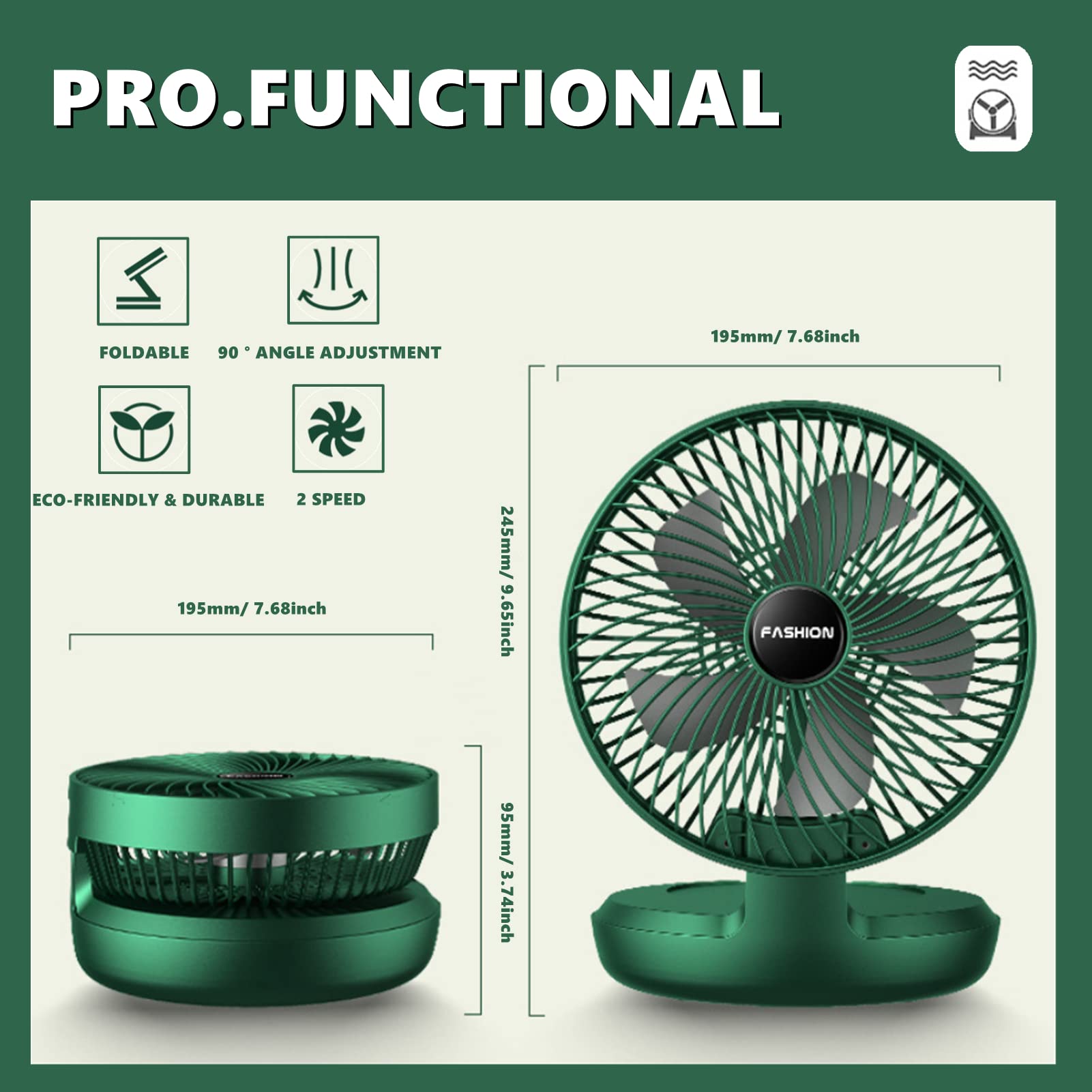 Chchmu 8 Inch USB Desk Fan - Foldable Mini Desktop Fan with 3 Speed Settings, Strong Airflow & Adjustable Head | Quiet Portable Cooling Fan for Home, Office, Bedroom | Perfect for Work Desks, Nightstands & Dorm Rooms (Green)