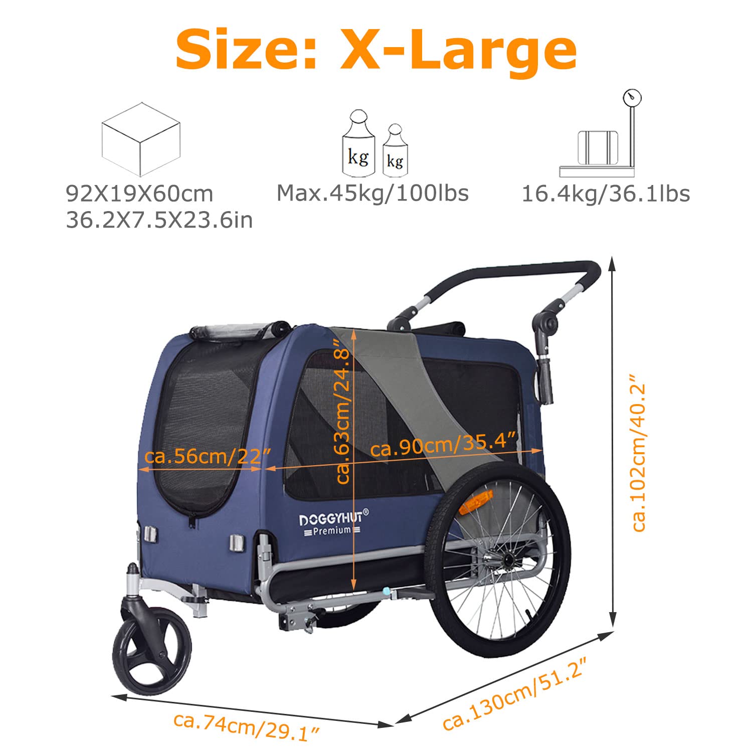DOGGYHUT® Premium Large/XL Pet Bike Trailer & Stroller for Big Dogs or Multiple Small Dogs - Low Center Gravity, Parking Brakes, Easy Fold Frame - Perfect for Cycling, Jogging & Outdoor Adventures
