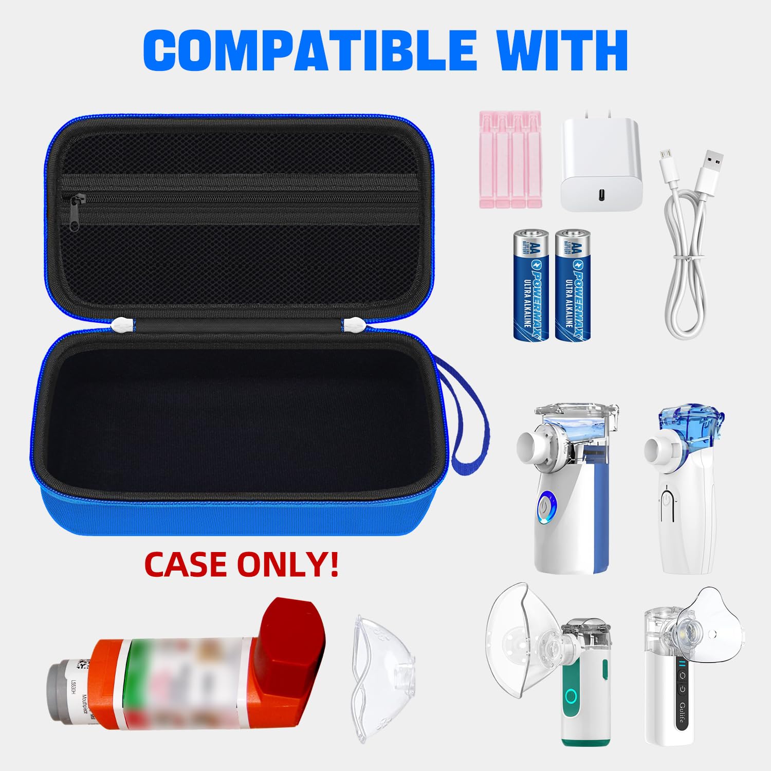 HESTECH Travel Carrying Case for Asthma Inhaler - Portable Organizer for Inhaler Spacer, Mask & Accessories with Mesh Pocket (Blue) - Perfect for Travel, Gym & Daily Use