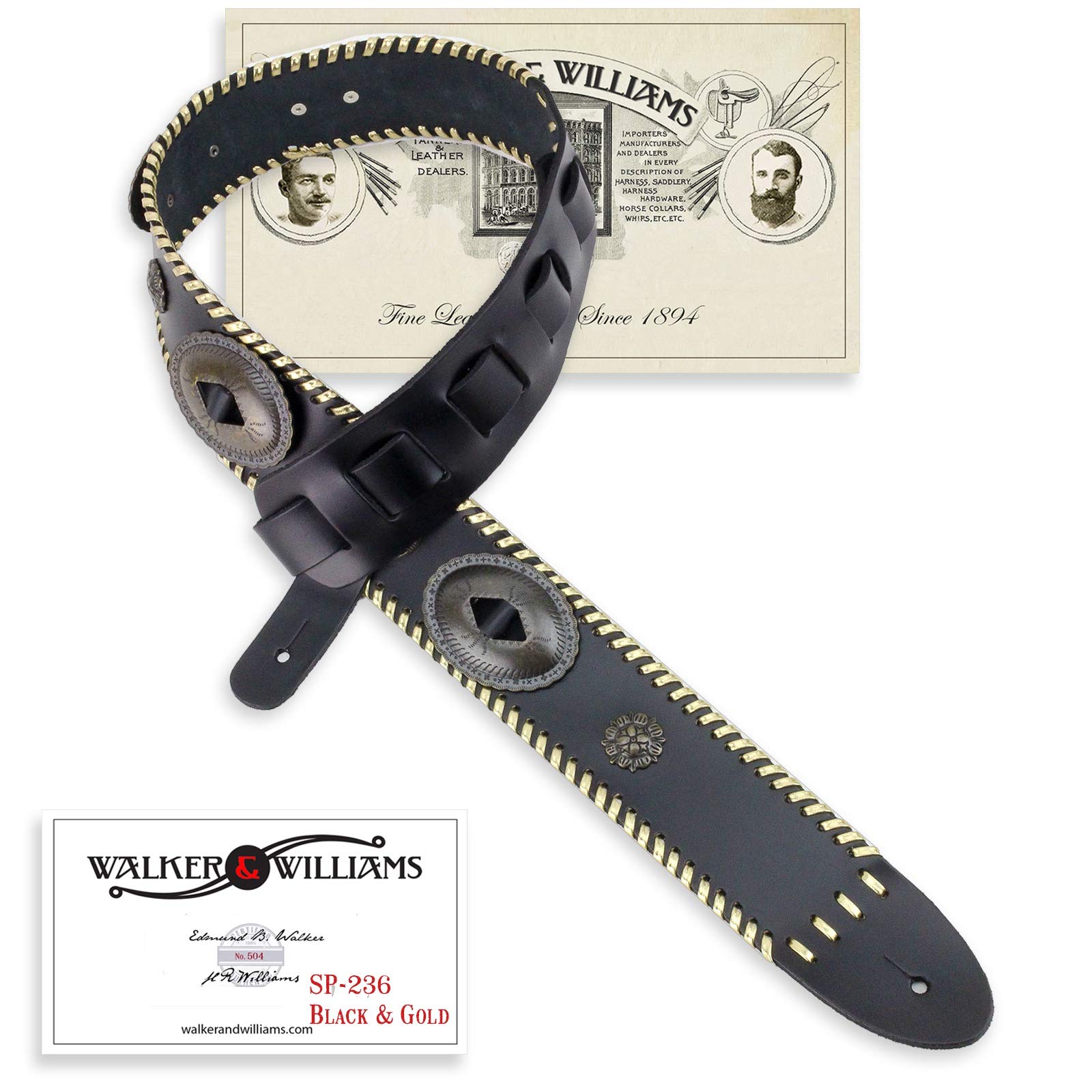 Walker & Williams SP-236 Premium Black Italian Leather Guitar Strap with Conchos & Gold Trim - for Acoustic, Electric & Bass Guitars - Perfect for Live Performances & Studio Sessions