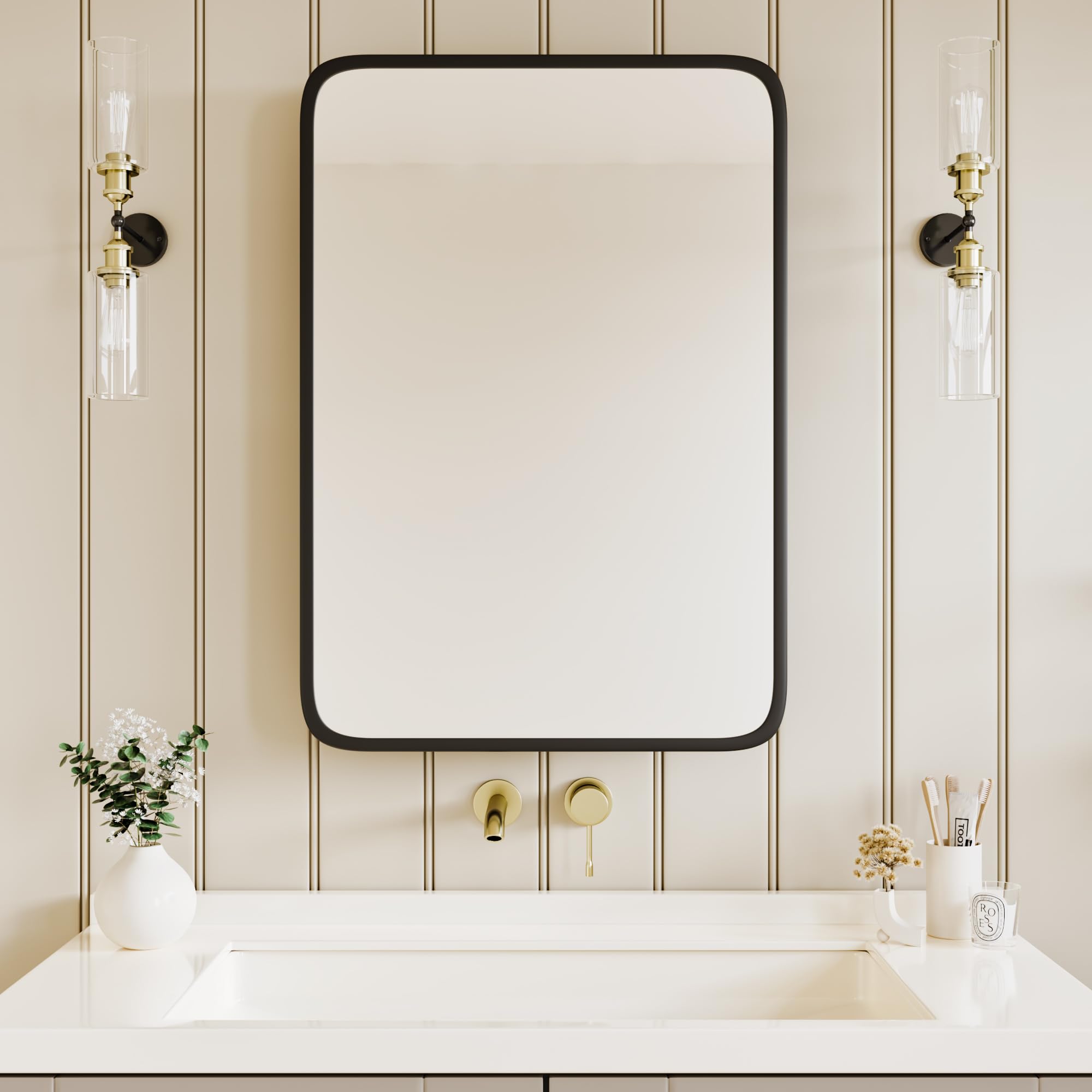 20''x30'' Black Wood Bathroom Storage Cabinet with Metal Frame & Curved Mirror - Recessed Medicine Cabinet for Vanity, Makeup Organization & Bathroom Decor