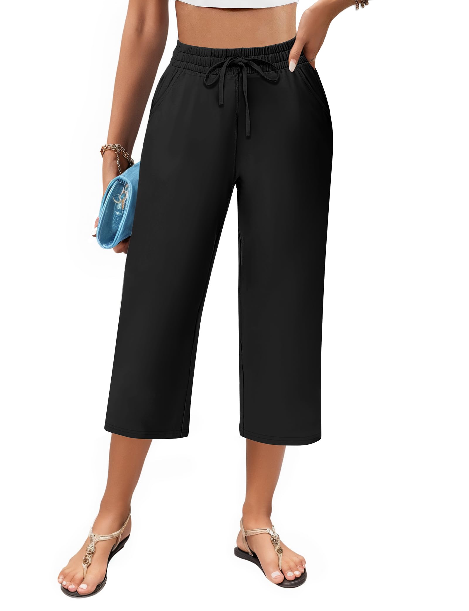 AURUZA Women's High Waisted Wide Leg Capri Pants - Loose Fit Lounge Palazzo Yoga Pants for Casual Wear, Workout & Home Comfort