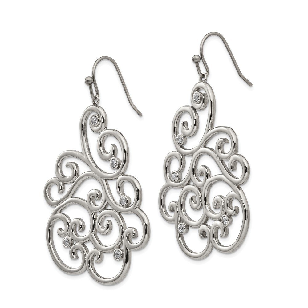 Stainless Steel Polished Filigree CZ Dangle Shepherd Hook Earrings for Women - Elegant Cubic Zirconia Drop Earrings for Party, Wedding & Evening Occasions