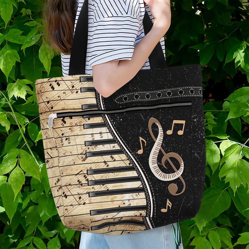 84hoods Women's Large Tote Bag with Pockets & Zipper - Stylish Work Shoulder Bag for Office, Travel & Shopping - Perfect Gift for Piano Players & Music Lovers