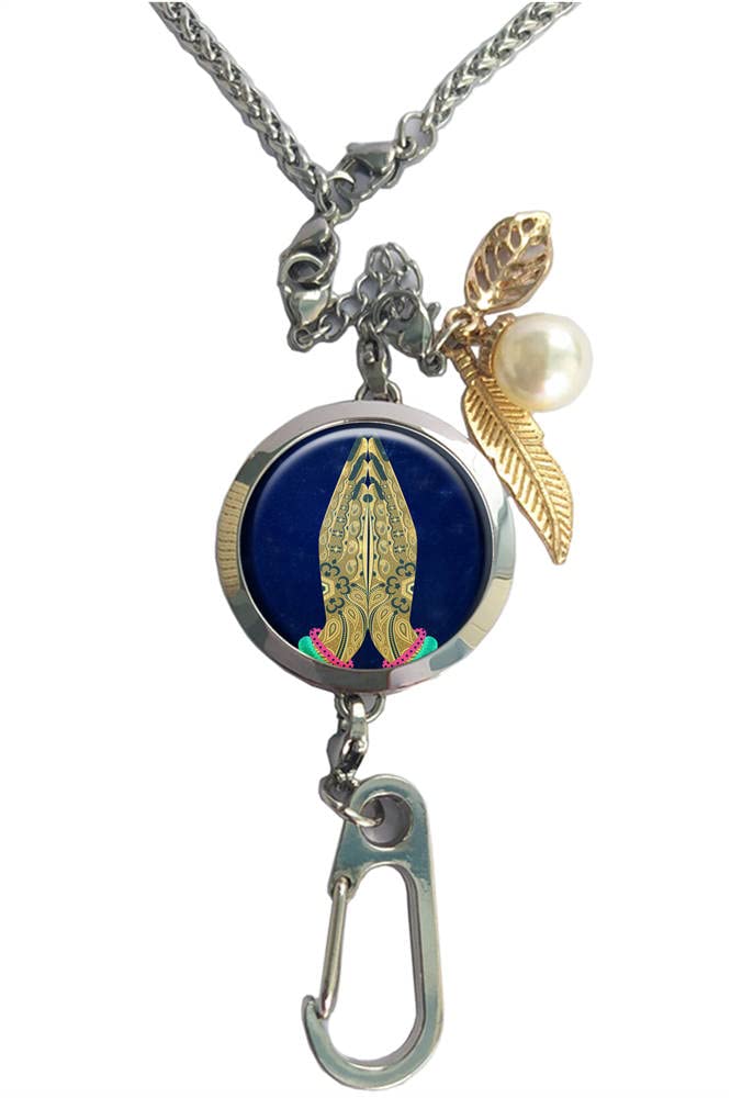 RhyNSky Namaste Tibet Buddha Yoga Pose Aromatherapy Essential Oil Diffuser Locket Pendant - ID Badge Holder, Lanyard Necklace, Bracelet & Keychain with Chain & Pads (C425) - Perfect for Yoga, Meditation, Office & Spiritual Practices