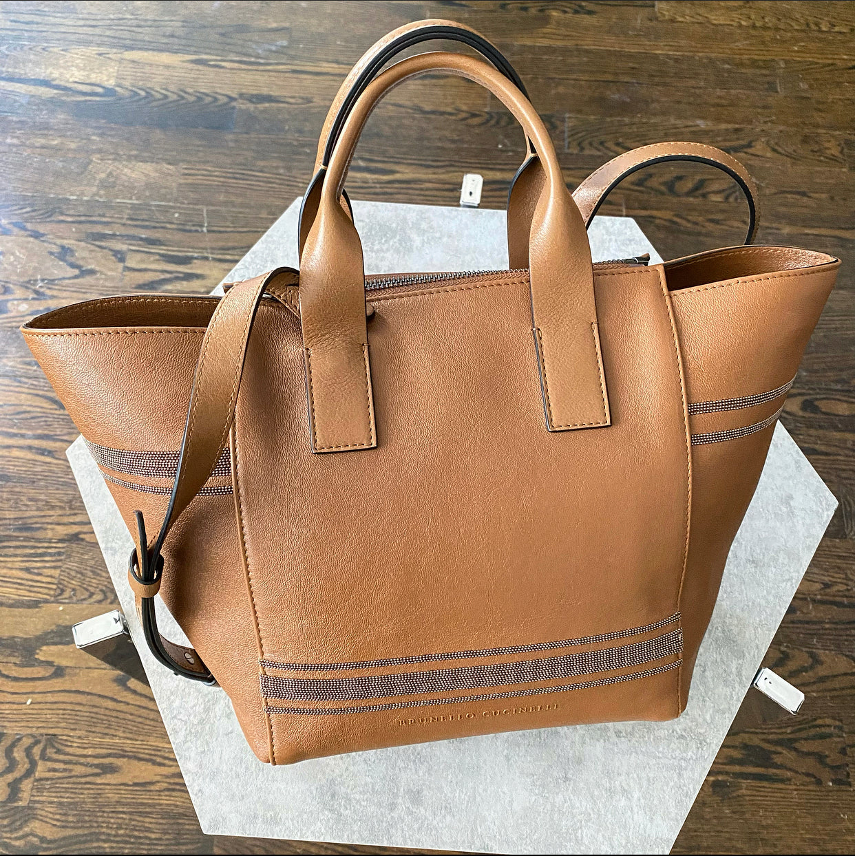 Brunello Cucinelli Genuine Leather Two-Way Satchel Handbag for Women - Brown Monili Crossbody & Shoulder Bag for Work, Travel & Everyday Use
