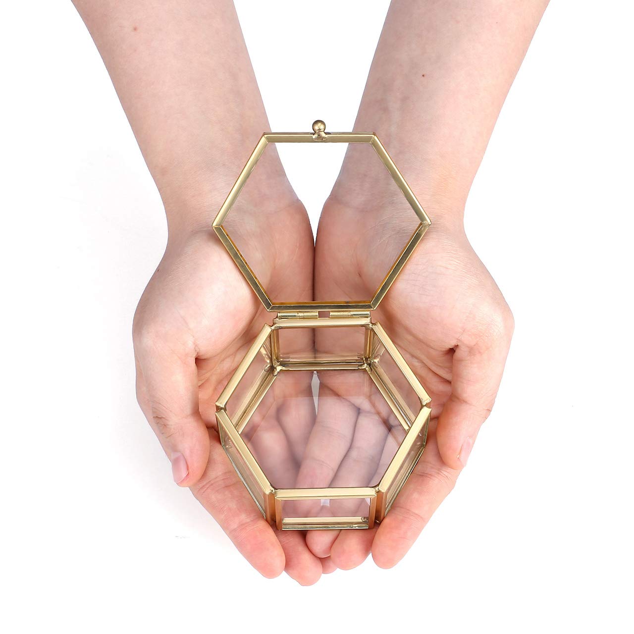 Jovivi Gold Copper Faceted Hexagonal Glass Lid Terrarium Box - Jewelry Display Organizer for Bracelets & Rings - Decorative Home Desk Decor for Living Room, Bedroom, and Office