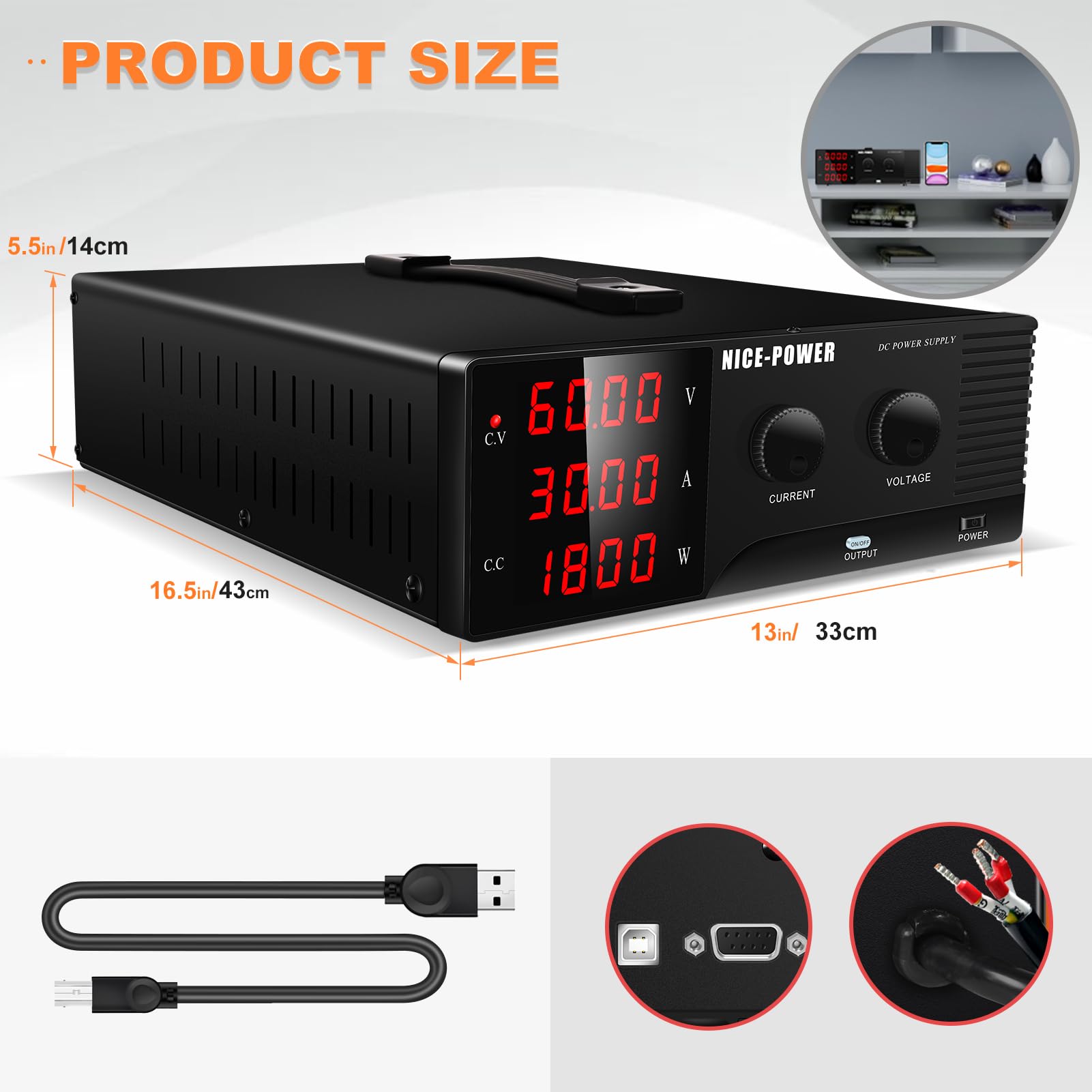 1800W Adjustable DC Power Supply 60V 30A - Variable Benchtop Lab Power Source with Digital Encoder & Smart Cooling Fan | Perfect for Electronics Testing, Circuit Development & Industrial Applications