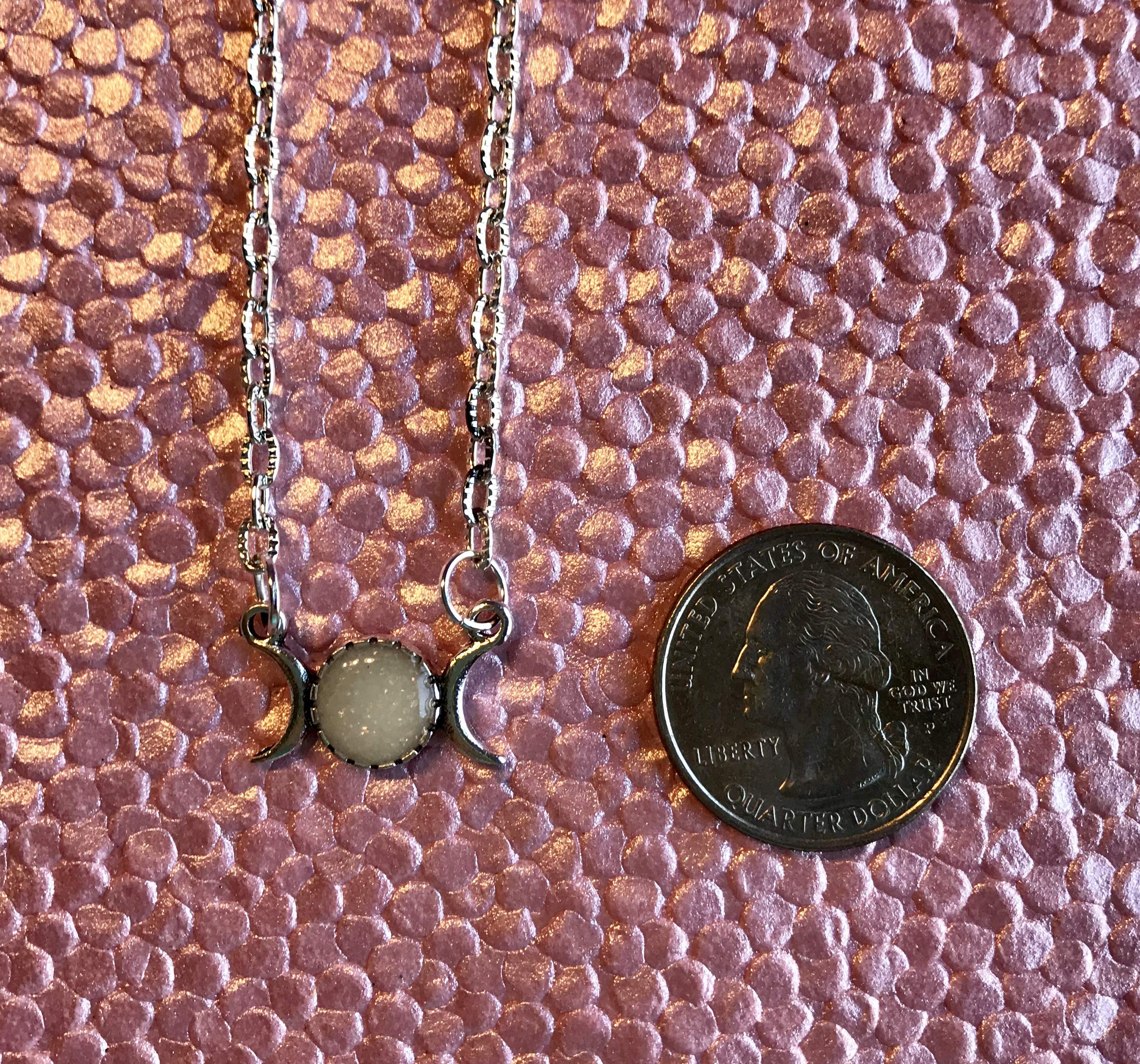 Triple Moon Glow in The Dark Charm Necklace with Opal Finish - Witchy Jewelry for Wiccan Rituals, Pagan Altars & Gothic Fashion Accessories