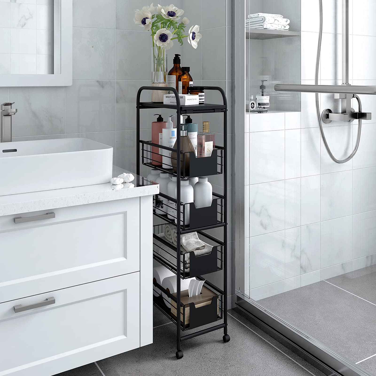 WHIFEA 5-Tier Slim Rolling Cart with Pull-Out Drawers - Space-Saving Corner Storage Shelf Organizer with Wheels - Metal Storage Shelving Unit for Kitchen, Bedroom, Bathroom & Home Office - Perfect for Small Spaces, Pantry Organization & Closet Storage