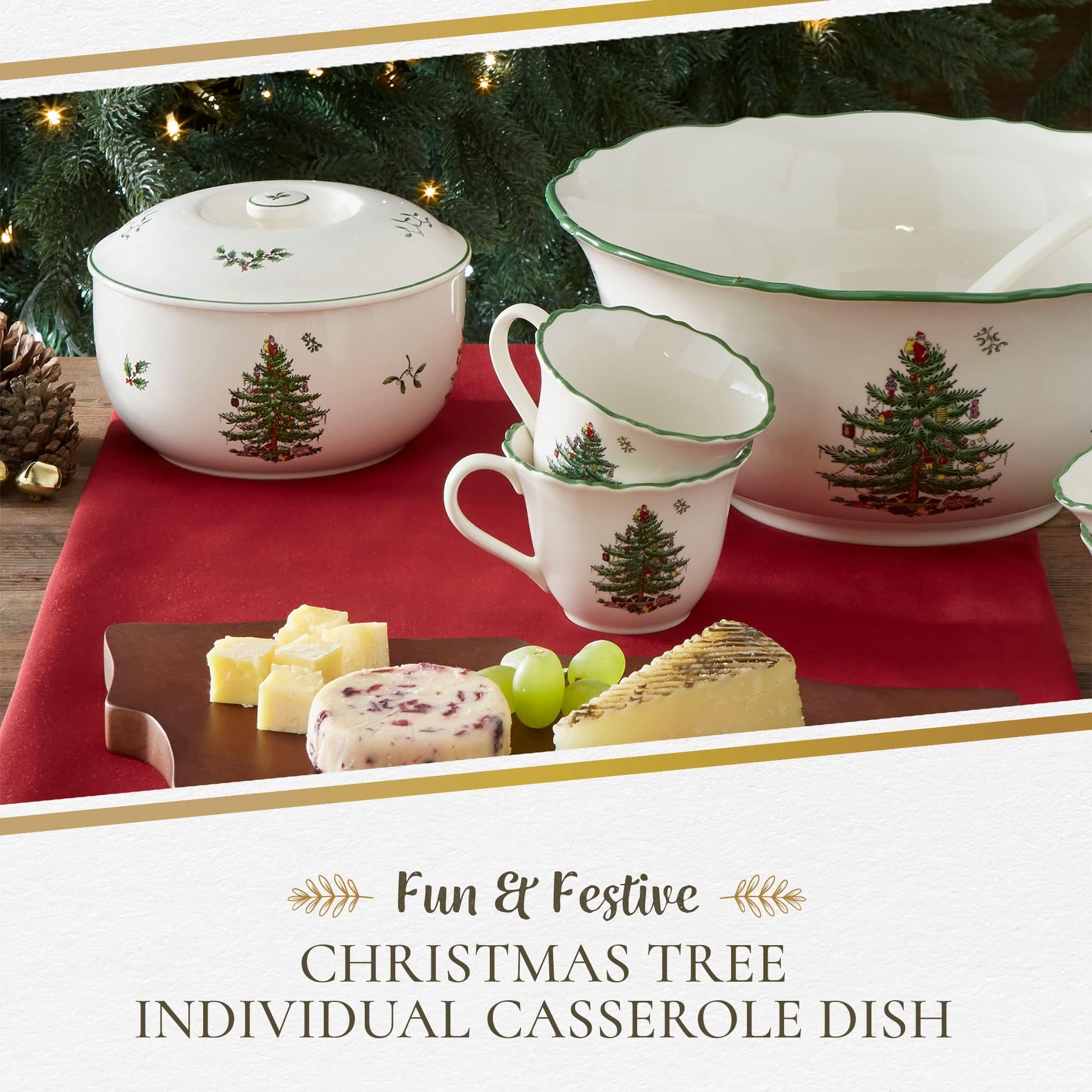 Spode Christmas Tree 1 Quart Round Casserole Dish with Lid - Stoneware Baking Dish for Holiday Desserts, Casseroles & Side Dishes - Oven, Microwave & Dishwasher Safe - Festive Holiday Serveware for Christmas Dinner, Thanksgiving & Family Gatherings