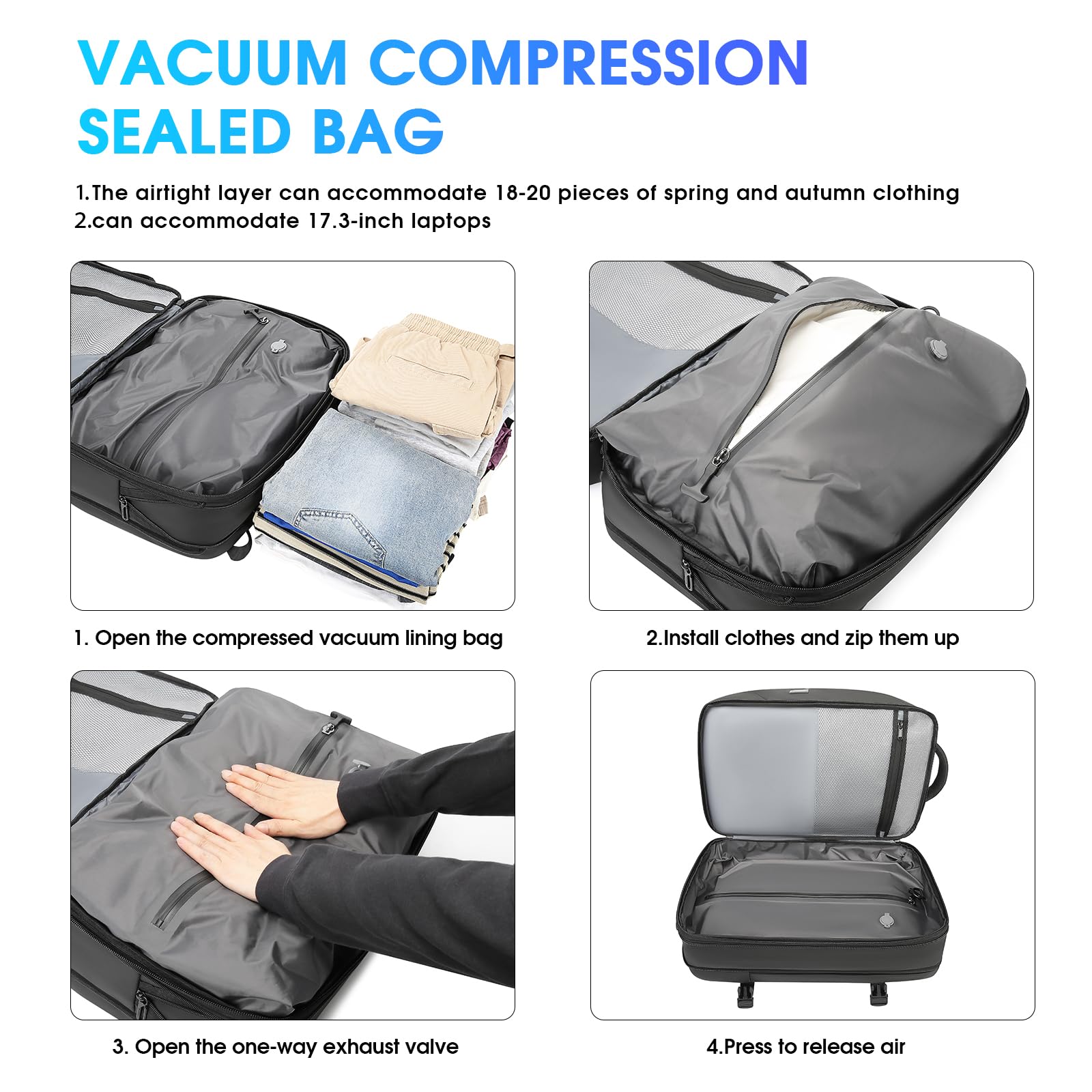 50L Vacuum Compression Backpack with Pump - Air Tight Travel Backpack for Men & Women, Water Resistant USB Charging Business Backpack - Perfect for Camping, Hiking & Business Trips