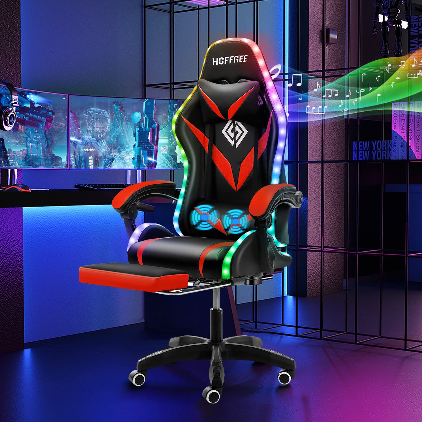 HOFFREE Ergonomic Gaming Chair with Massage, Bluetooth Speakers & LED Lights - High Back Lumbar Support, Adjustable Footrest - RGB Video Game Chair for PC/Console Gaming (Red & Black) - Perfect for Esports, Streaming & Home Office Use