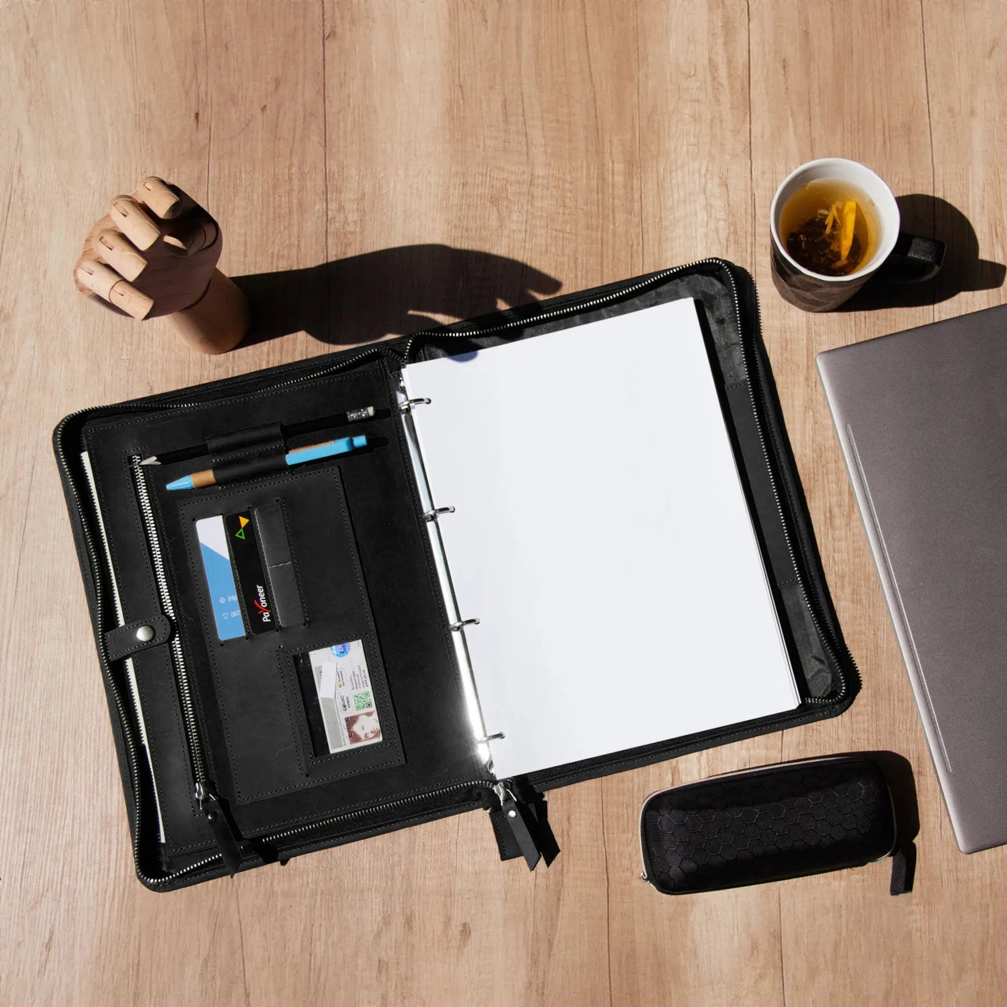 Minimalist Zippered Padfolio - Professional Leather Portfolio with Notepad Holder for Business Meetings & Office Organization