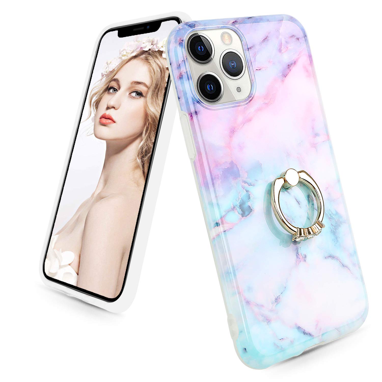 Imikoko iPhone 11 Pro Case - Flexible Soft Marble Design with 360° Rotating Ring Stand, Shockproof Protective Cover for iPhone 11 Pro - Perfect for Work, Travel & Everyday Protection