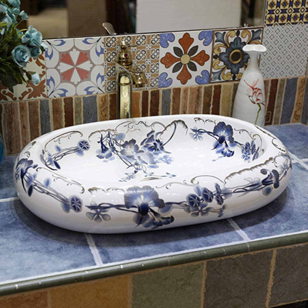Blue and White Porcelain Vessel Sink - Modern Ceramic Countertop Bathroom Basin with Overflow - Perfect for Powder Rooms, Master Baths & Vanity Makeovers