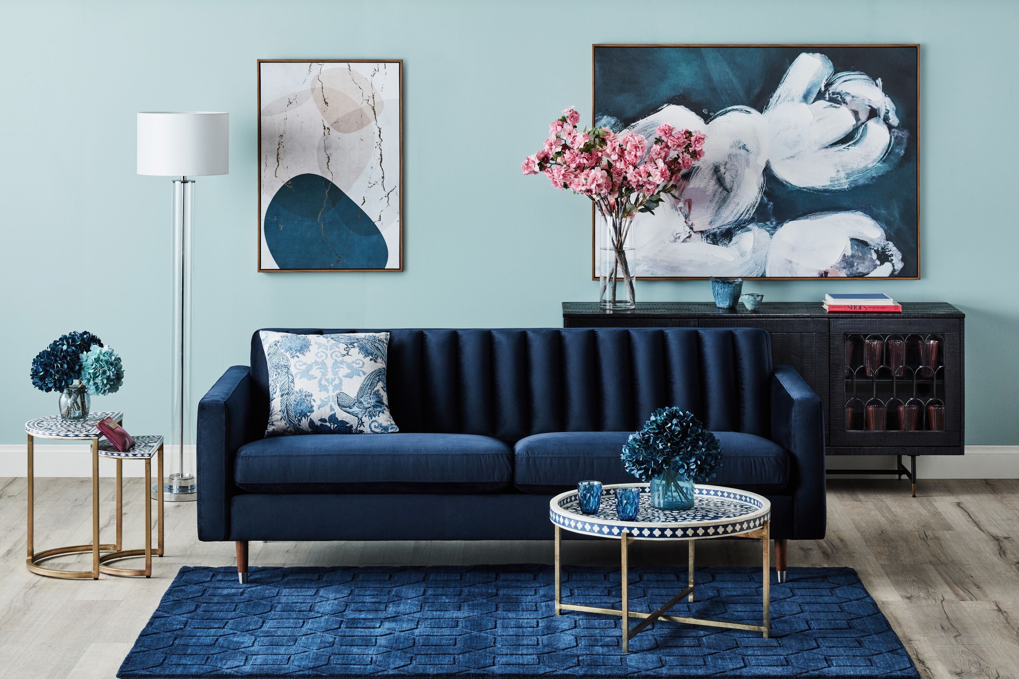 Exquisite Blue and Gold Bone Inlay Round Coffee Table - 41cm Handcrafted Home Decor for Living Room, Lounge & Office