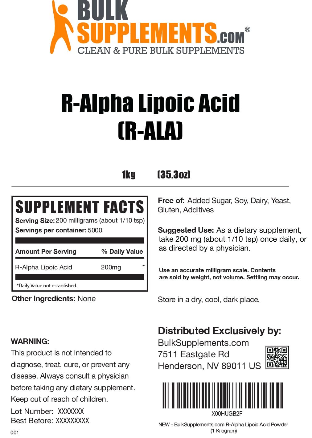 BulkSupplements.com R-Alpha Lipoic Acid Powder 200mg - Premium R-ALA Antioxidant Supplement, Gluten Free, 1kg (2.2 lbs) - Supports Energy Metabolism & Cellular Health for Active Lifestyles
