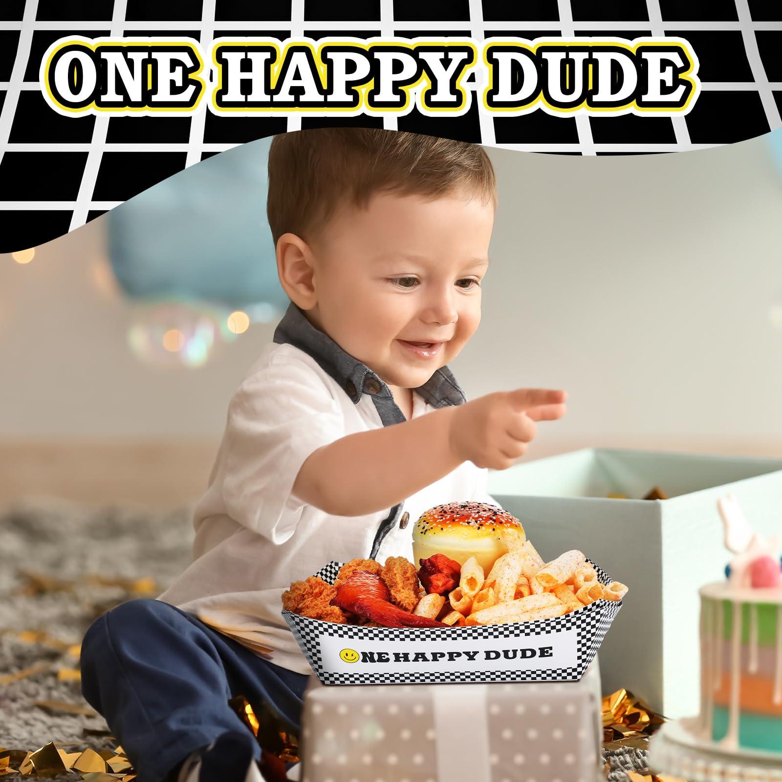 50 Pcs Happy Dude Birthday Party Decorations - Waterproof Disposable Nacho Tray & Hot Dog Holder Paper Food Serving Baskets for 1st Birthday, Baby Shower, BBQ, Picnic, and Outdoor Events