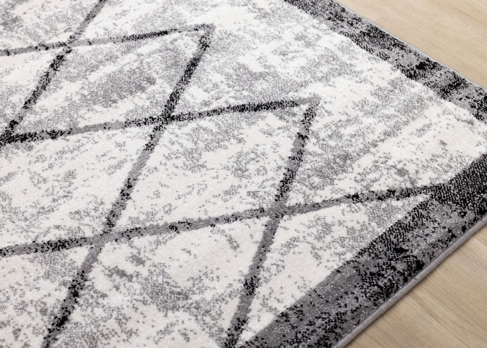 Distressed Ashwood 6'7 x 9'10 Lattice Pattern Area Rug in Grey, Black & White - Perfect for Living Room, Bedroom or Office Decor