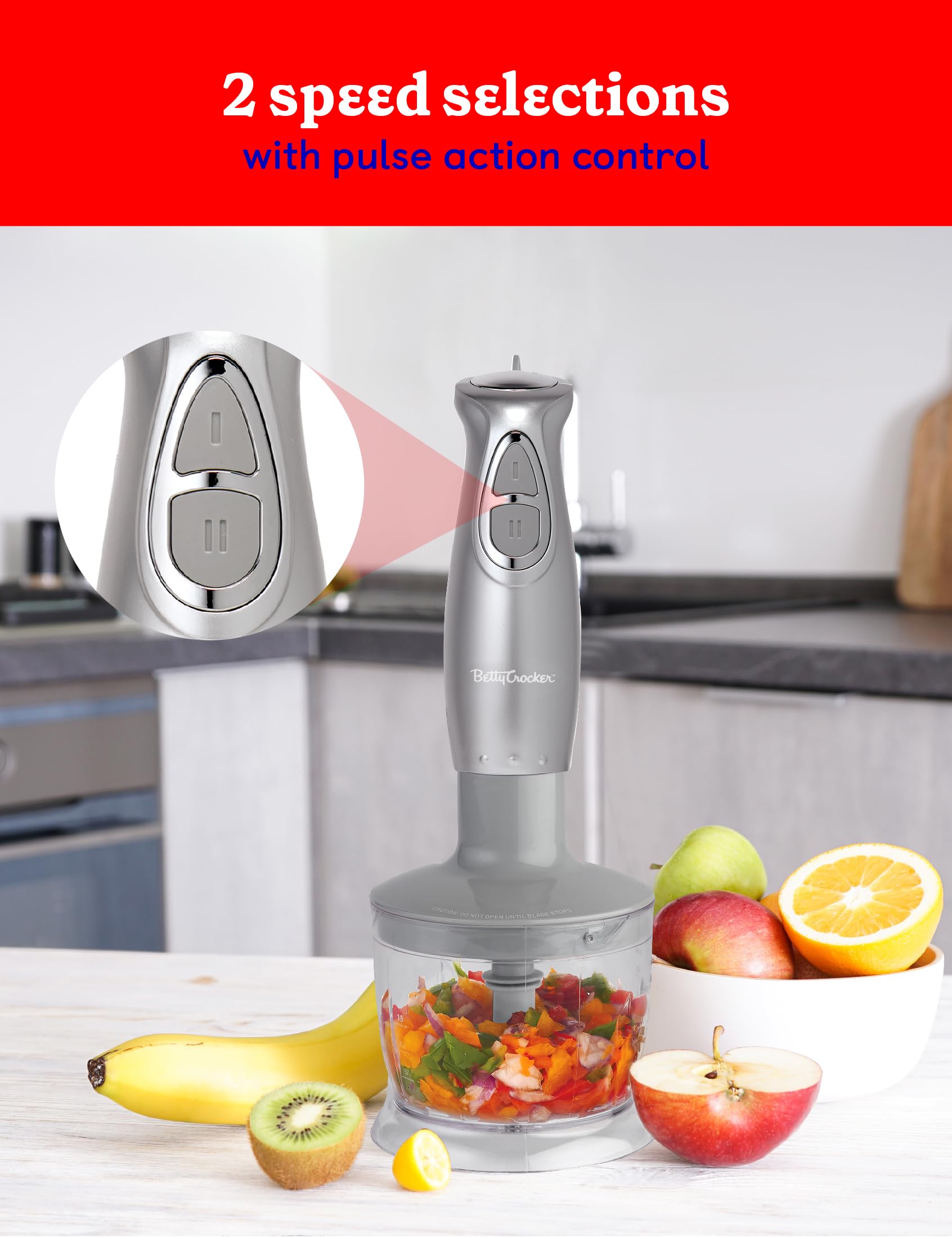 BETTY CROCKER 250W Immersion Hand Blender - 2-Speed Electric Hand Mixer with Stainless Steel Blade, Whisk & Beaker - Ergonomic Handle for Smoothies, Soups, Sauces & Baking - Portable Kitchen Blender for Home Use (Silver)