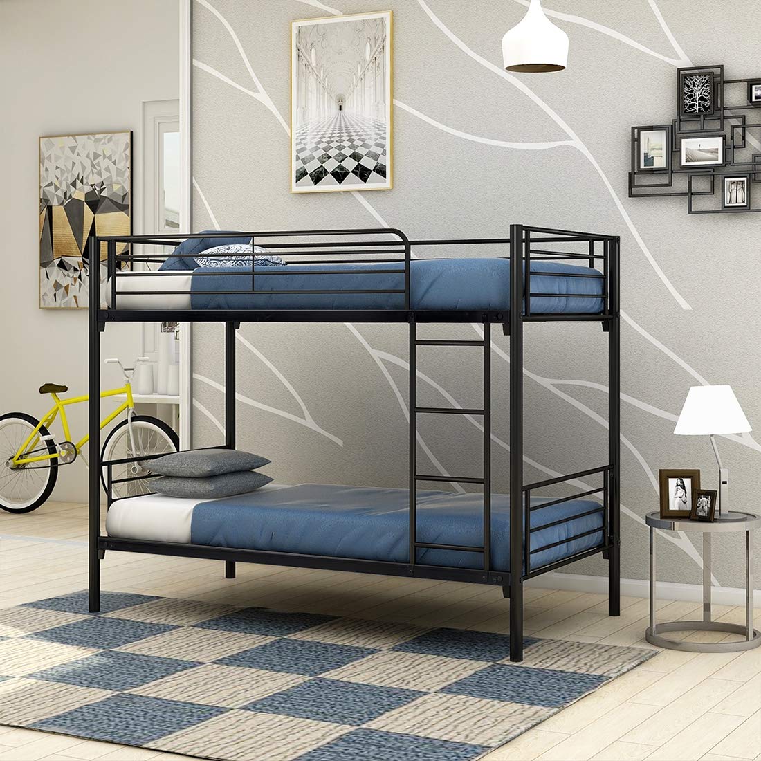 JURMERRY Heavy Duty Metal Twin Over Twin Bunk Bed Frame with Ladder - Sturdy Black Space-Saving Bunk Bed for Kids, Teens & Guest Rooms - Perfect for Small Bedrooms, Dorms & Vacation Homes