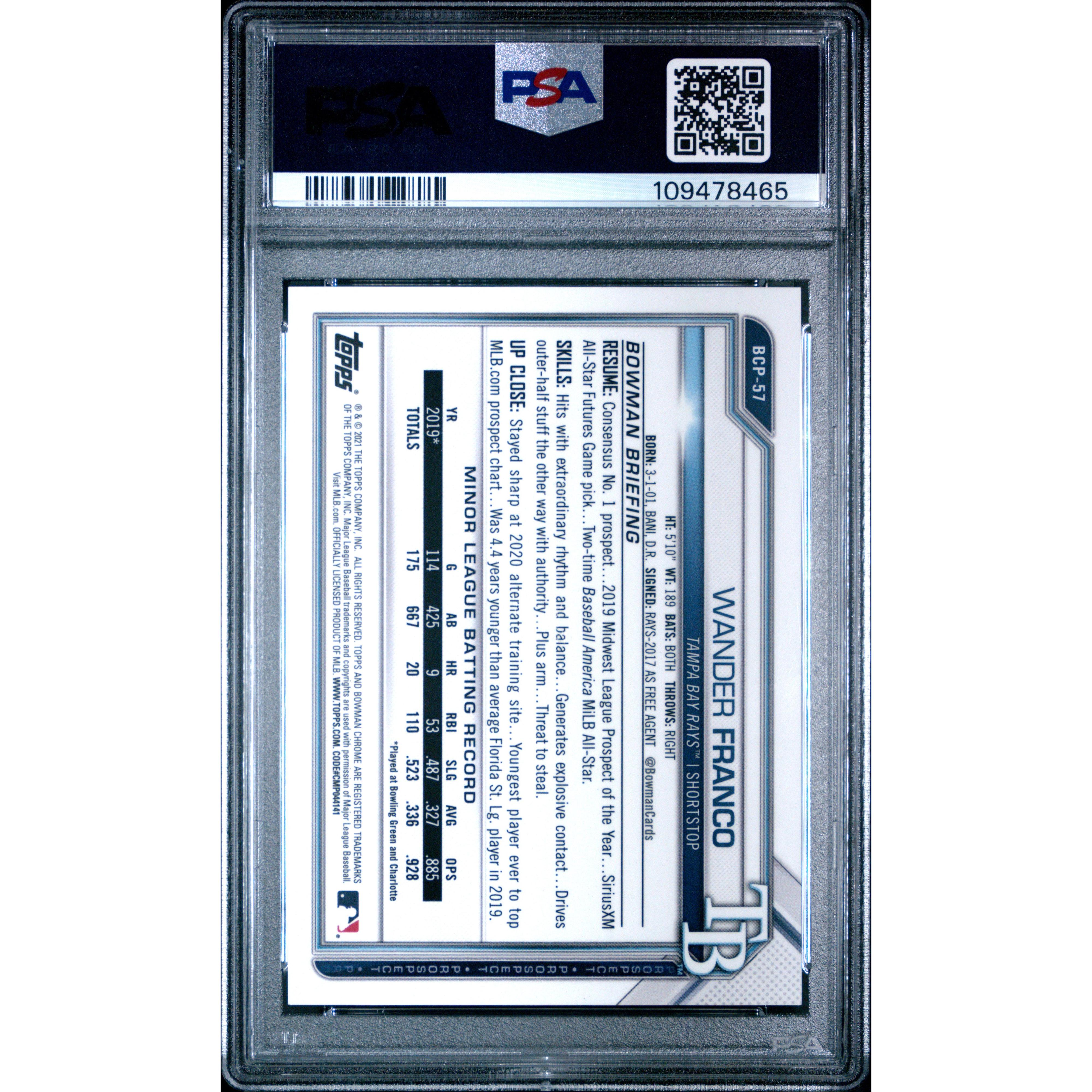 2021 Bowman Chrome Wander Franco Speckle Refractor BCP57 PSA 10 Gem Mint - Rare Baseball Trading Card for Collectors & Investors - Perfect for Display Cases, Trading, and Portfolio Diversification