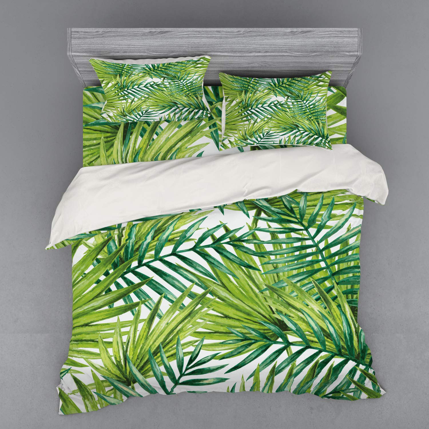 Ambesonne King Size 4-Piece Tropical Palm Leaf Duvet Cover Set with Shams & Fitted Sheet - Watercolor Fern Green & Lime Green Botanical Bedding for Beach House, Guest Room or Tropical Bedroom Decor