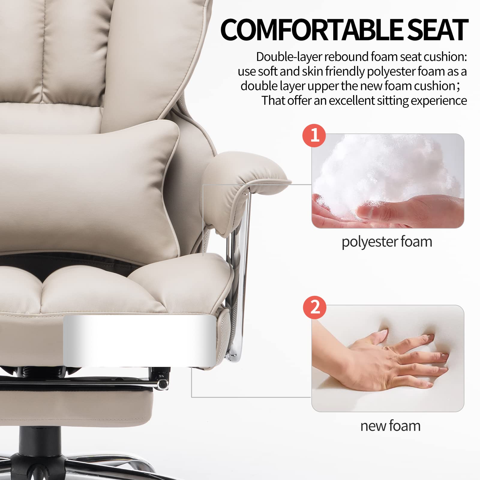 Efomao 400LBS Heavy Duty Executive Office Chair - Big and Tall PU Leather Computer Desk Chair with Adjustable Lumbar Support & Footrest - Grey Ergonomic Swivel Chair for Home Office, Gaming, and Workspace