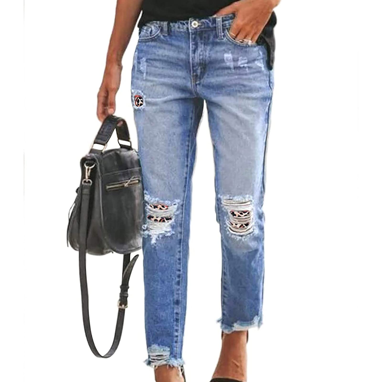 Women's Low Waist Boyfriend Jeans - Ripped Ankle Straight Leg Denim Pants in Blue | Casual Streetwear & Everyday Comfort