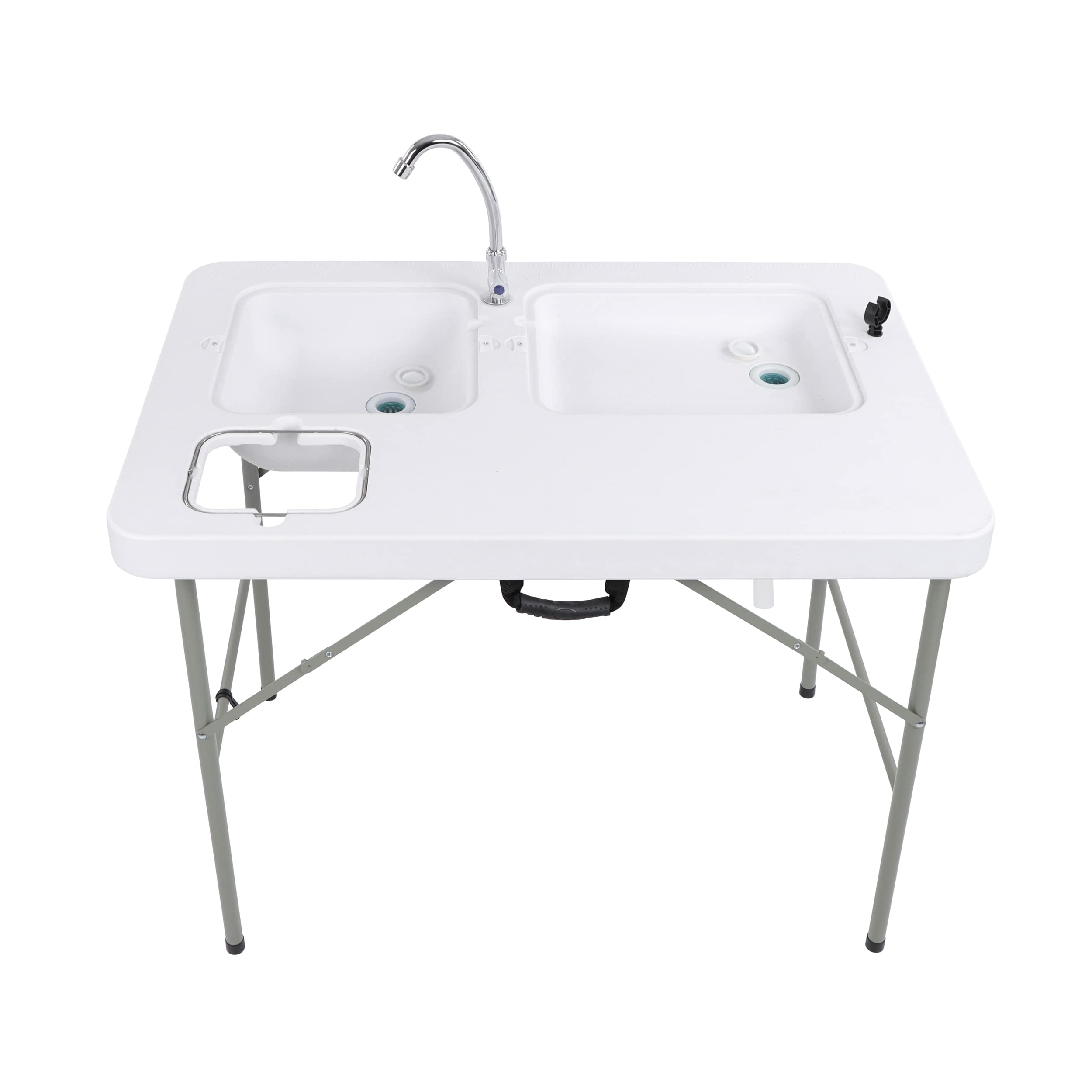 Portable Camping Sink Table with Dual Stainless Steel Sinks - 32 Inch Height, Lightweight Plastic & Steel Construction, Outdoor Fish Cleaning Station with Faucet - Perfect for Camping, RV Trips, Backyard BBQs, and Outdoor Kitchen Setup