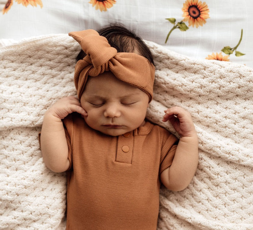 Snuggle Hunny Organic Ribbed Topknot Headband for Women - Soft Stretchy Hair Band for Yoga, Workouts & Everyday Wear - Chestnut Brown