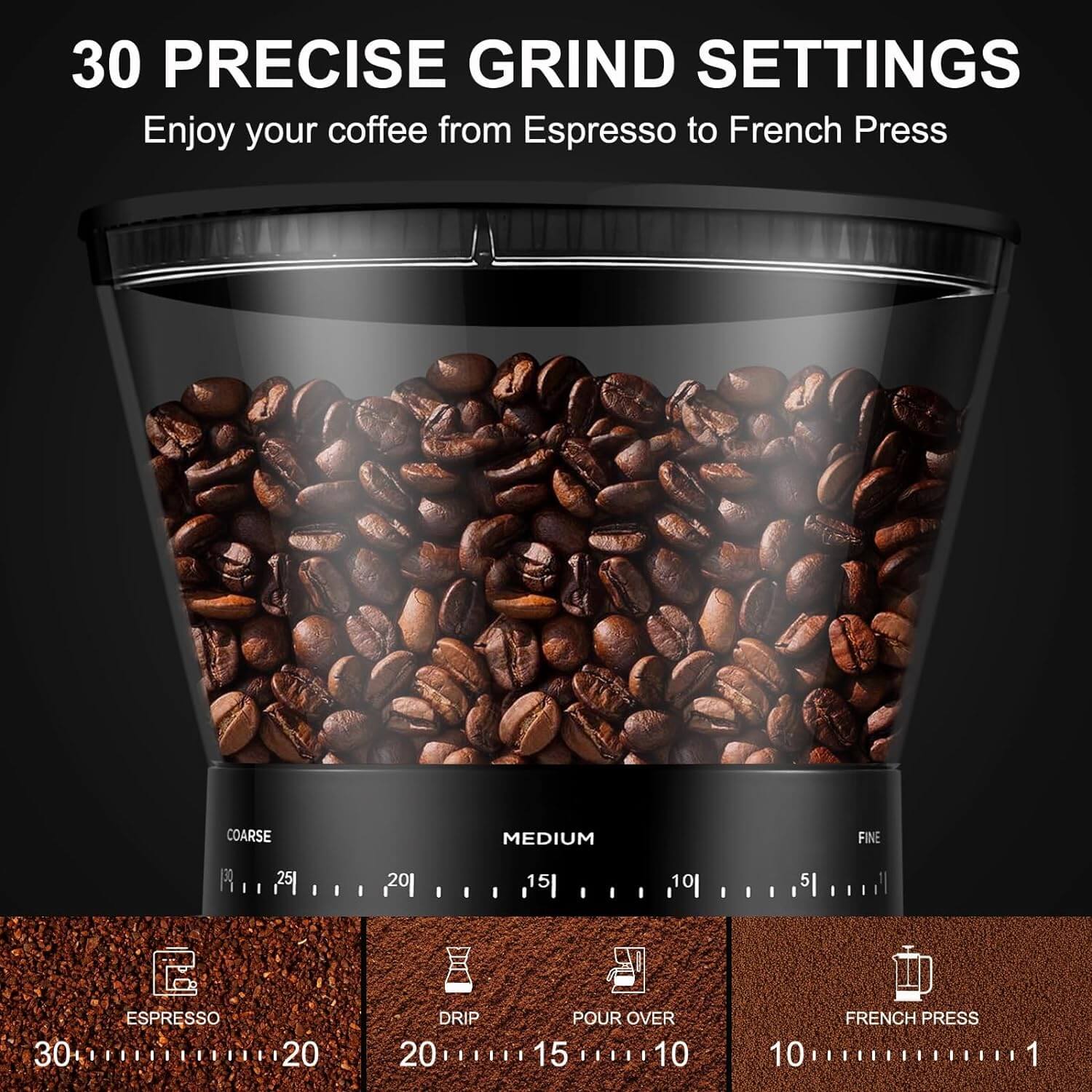 AMZCHEF Electric Coffee Grinder with 30 Precise Settings - Fresh Ground Coffee for Espresso, Drip & French Press - Perfect for Home & Office Use