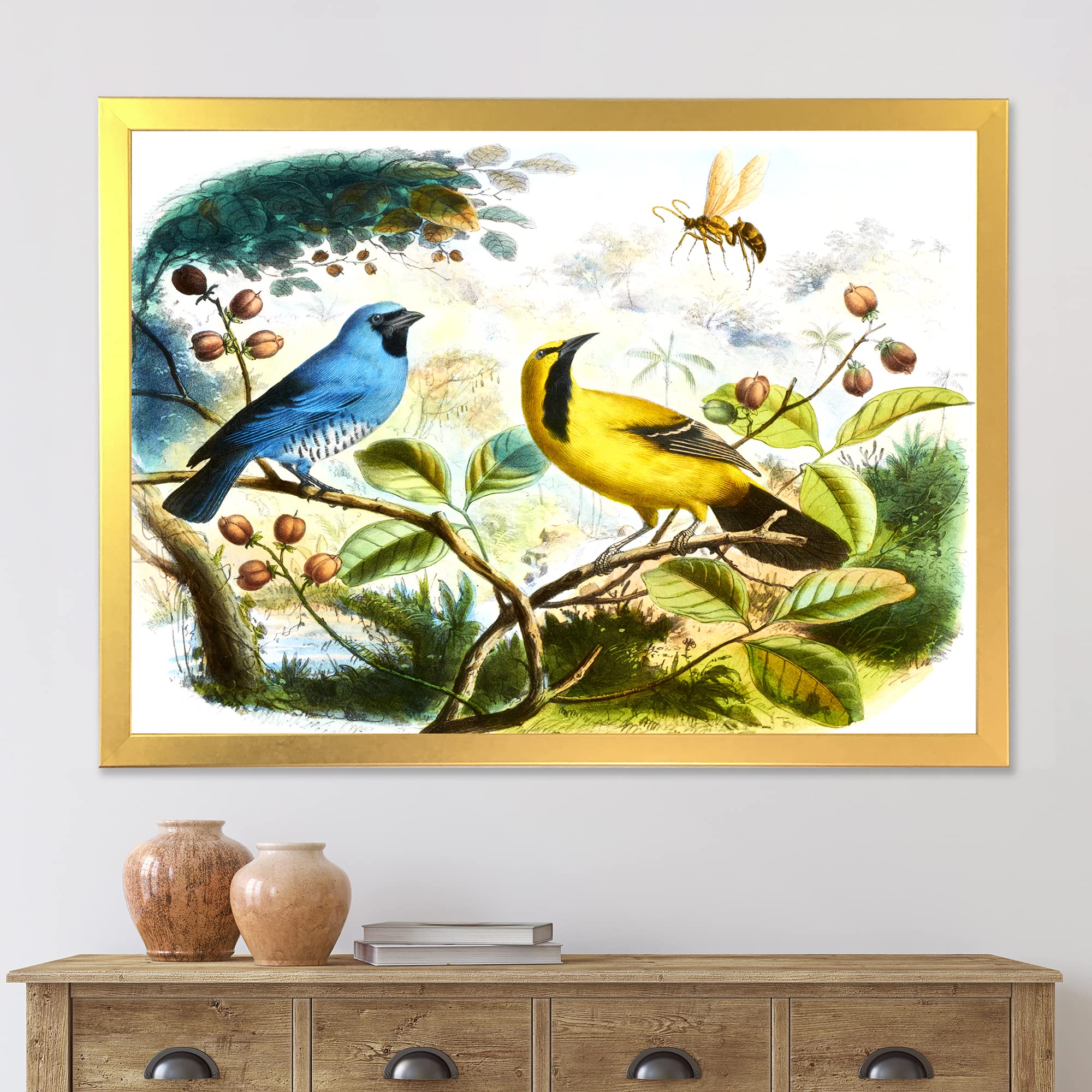 DesignQ Blue and Yellow Bird In The Wild Traditional Framed Wall Art - Nature Inspired Home Decor for Living Room, Bedroom & Office