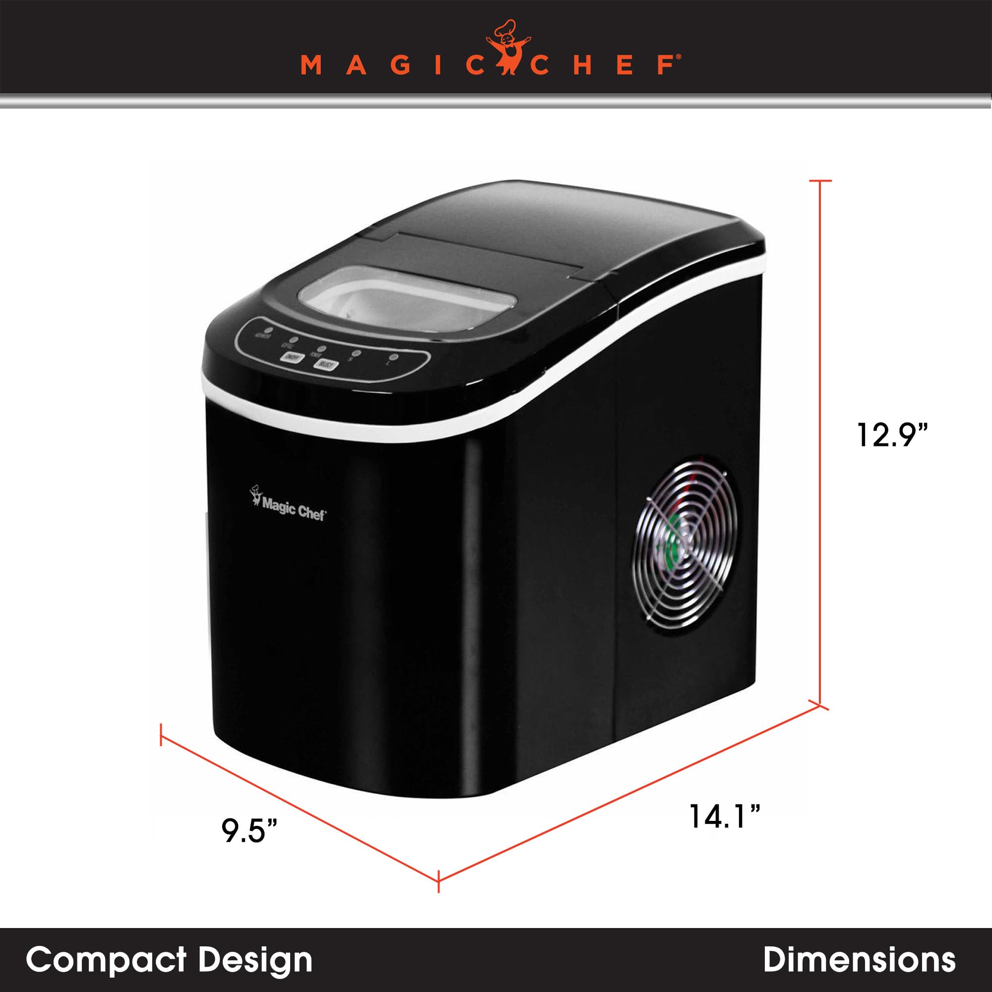 Magic Chef Portable Countertop Ice Maker - 27Lbs Daily Output, Compact & Quiet for Kitchen, Home Bar, Office, RV - Perfect for Cocktails, Parties, Outdoor Events (Black)