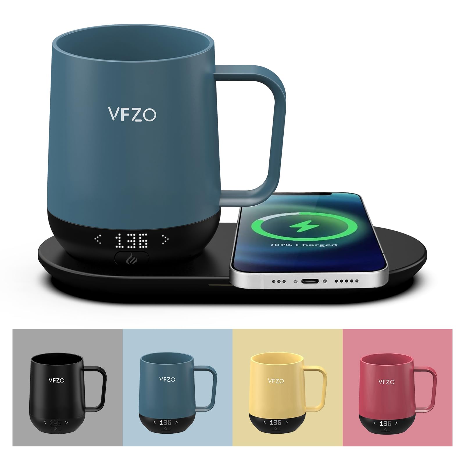 Smart Self-Heating Coffee Mug with Temperature Control & LED Display - 12oz Slate Blue, 180 Min Battery Life, Fast Wireless Charging Base (Keeps Coffee Hot up to 149℉) - Perfect for Office, Travel & Home Use