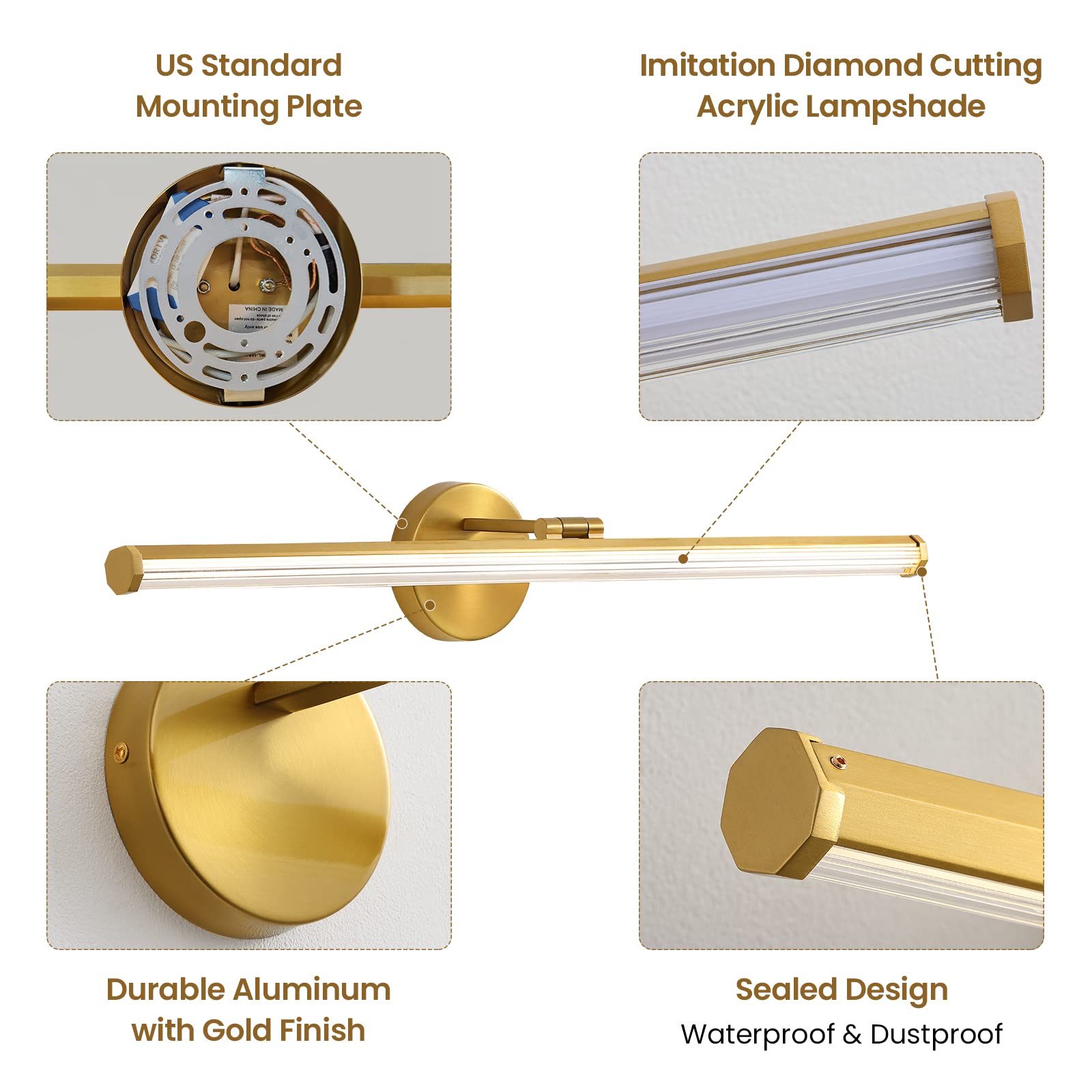 KAISITE 30 Inch Gold Modern LED Bathroom Vanity Light - 24W 4000K Dimmable Rotatable Light Fixture for Mirror Lighting | Perfect for Bathroom, Powder Room & Dressing Area Makeup Lighting