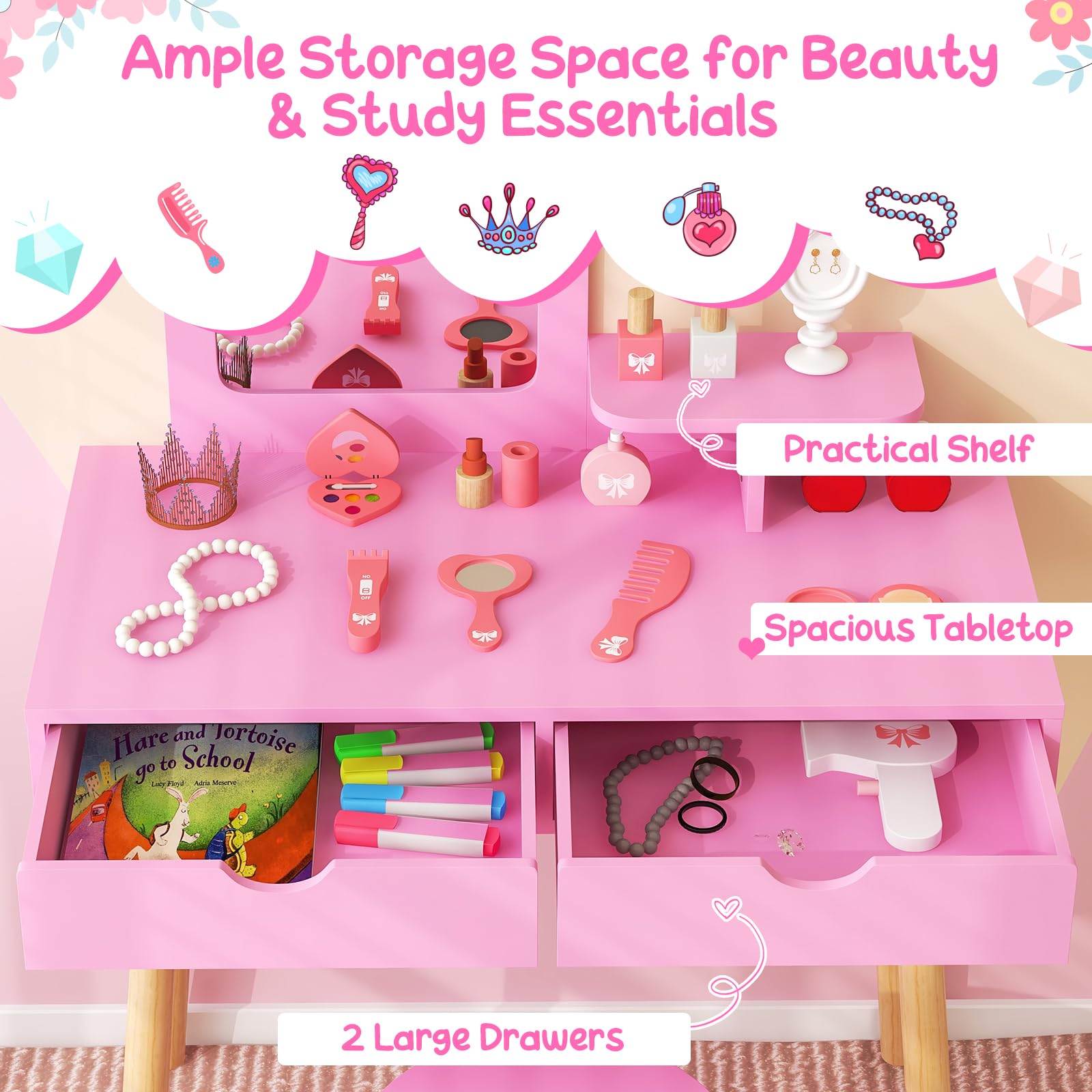 Costzon Pink Wooden Princess Vanity Set for Girls with Mirror, Stool & Storage - Kids Makeup Dressing Table with 2 Large Drawers & Shelf - Pretend Play Toy for Toddlers (Perfect for Bedroom Decor & Role Play Activities)