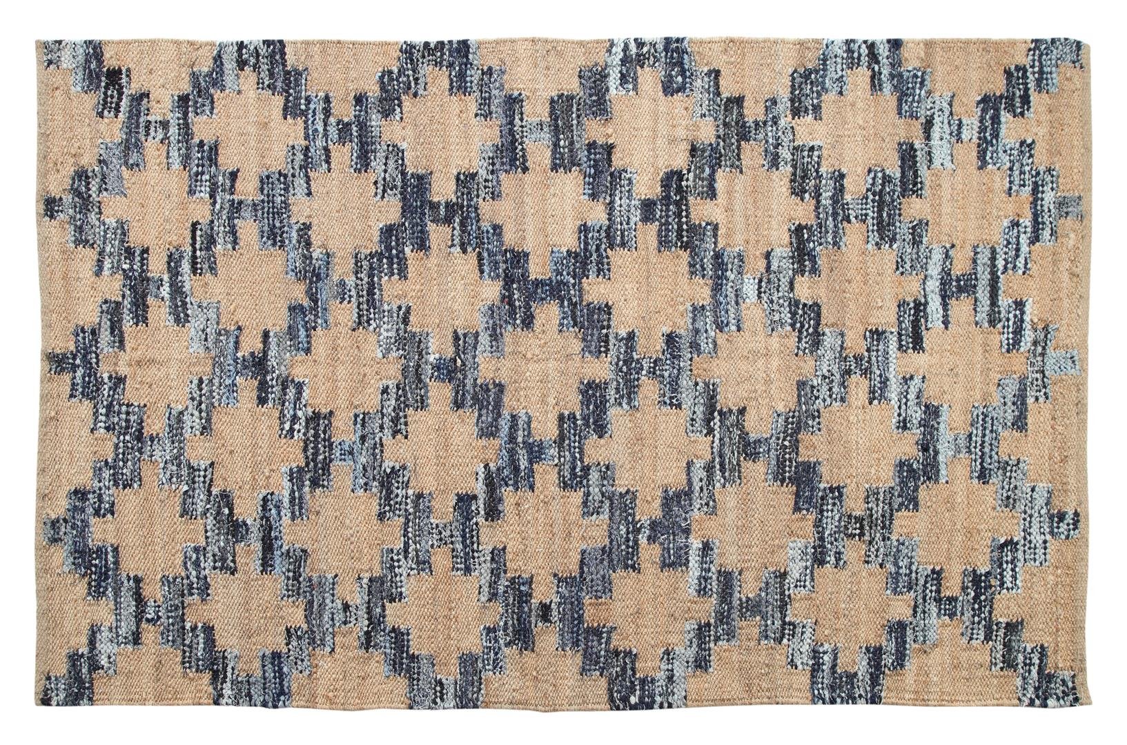 Handmade Jute & Cotton Area Rug - Sun Trellis Diamond Chevron Pattern, Natural Fiber, 6x9 Feet, Denim Jute - Perfect for Boho Living Room, Bedroom or Nursery Decor