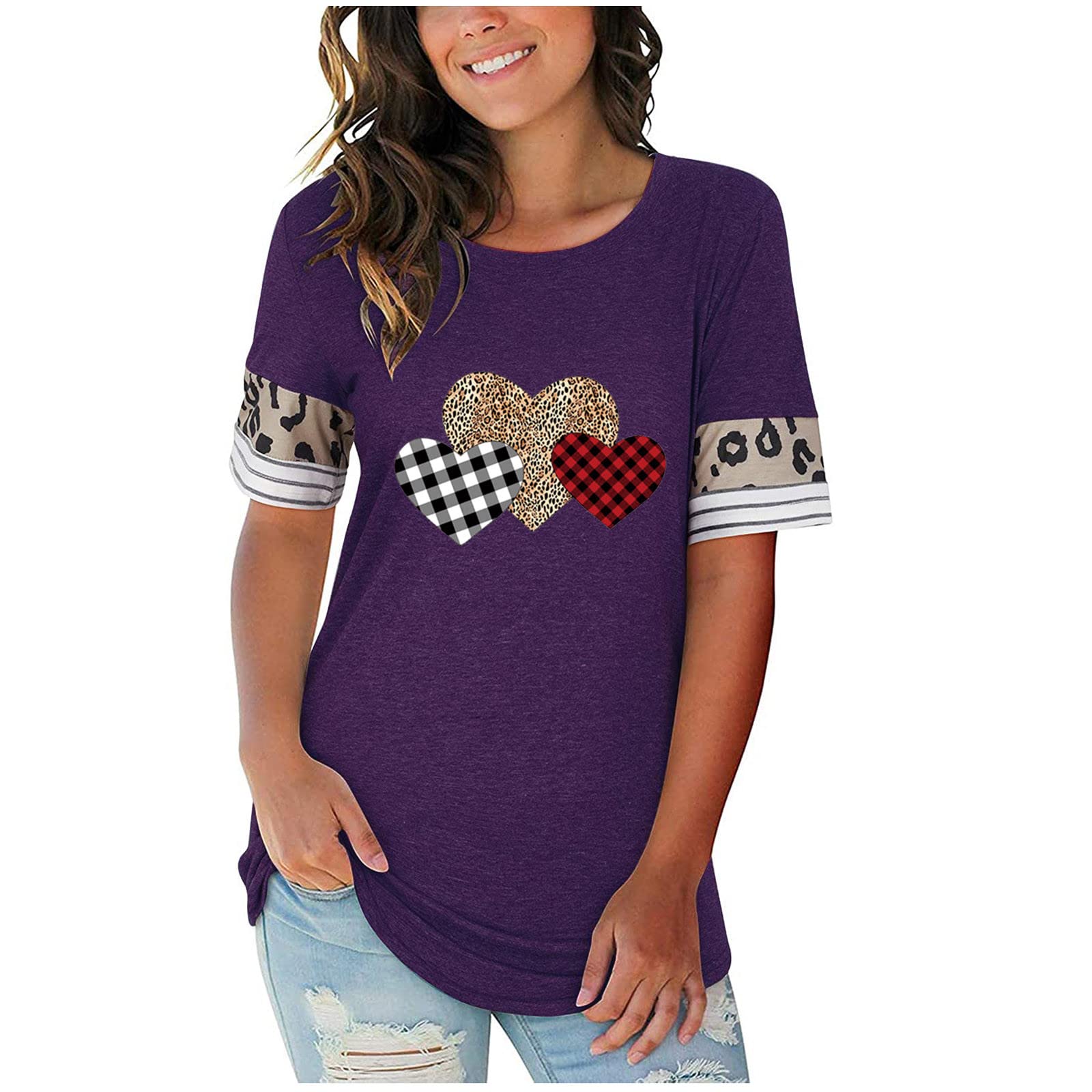 Women's Casual Valentine's Day Print T-Shirt - Elegant Leopard & Stripe Design, Short Sleeve O-Neck Blouse for Date Night, Party & Everyday Wear | Most Wished For Women's Fashion Top